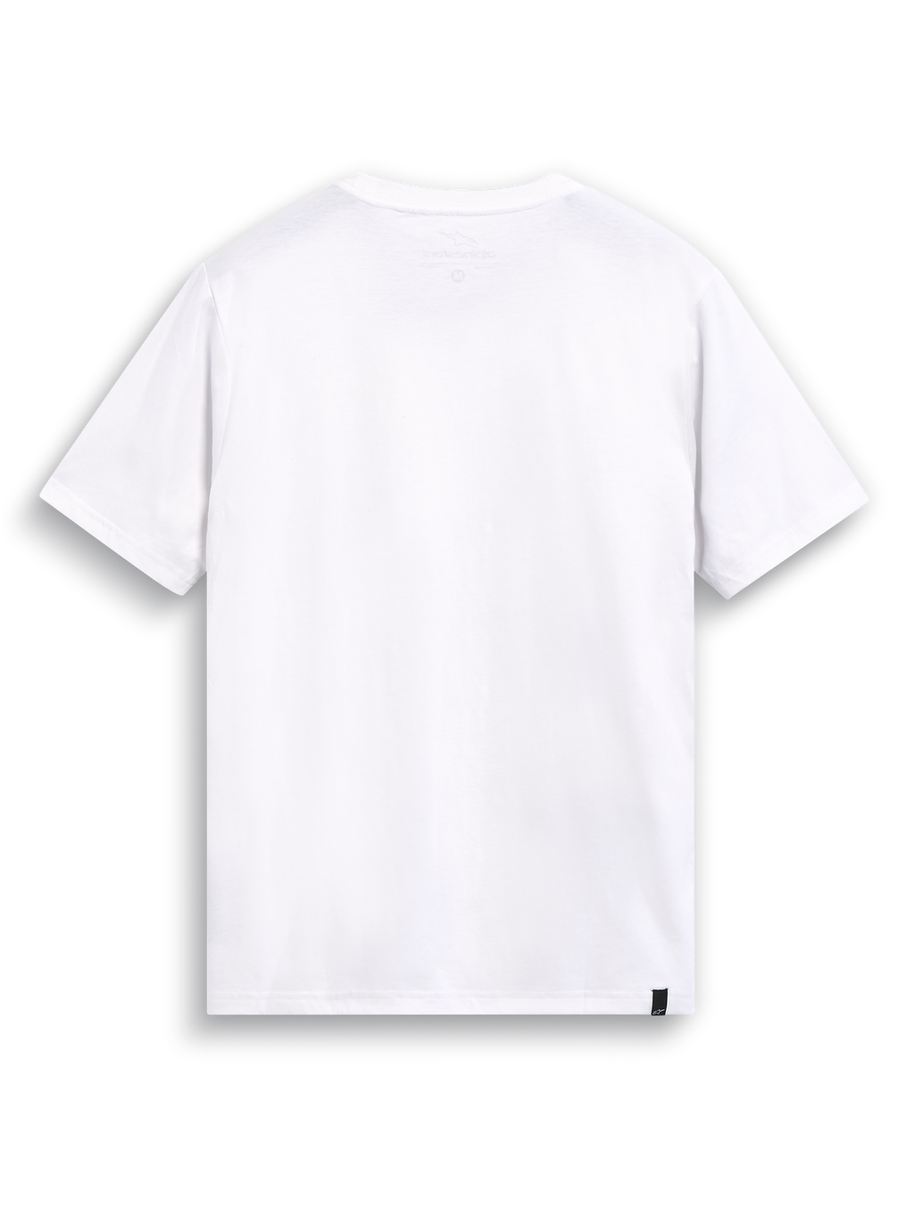 Alpinestars T-Shirt Elliptic CSF, t-shirt de sportswear à manches courtes blanc, vue de dos montrant l'imprimé interne au niveau du cou et l'étiquette externe sur l'ourlet