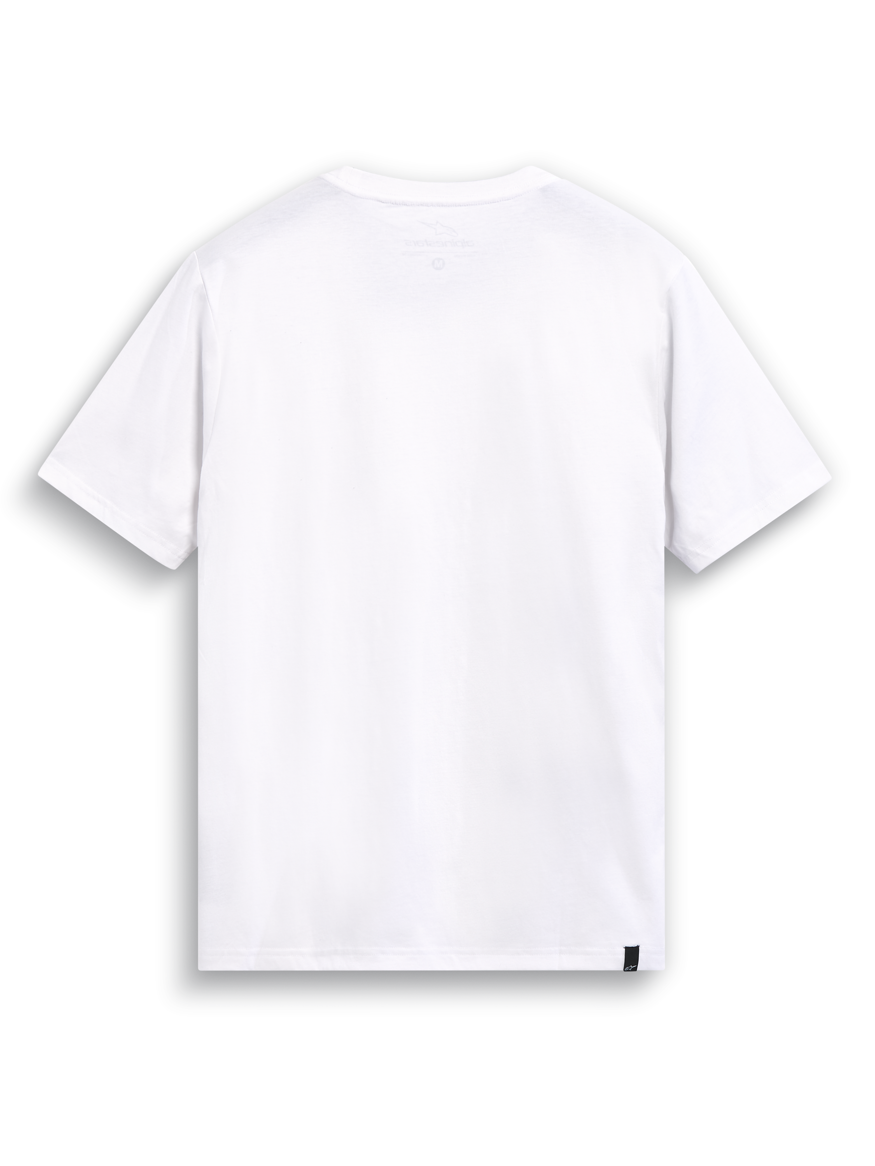 Alpinestars T-Shirt Elliptic CSF, t-shirt de sportswear à manches courtes blanc, vue de dos montrant l'imprimé interne au niveau du cou et l'étiquette externe sur l'ourlet