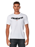 Alpinestars Elliptic CSF Tee, t-shirt blanc à manches courtes porté par un mannequin, logo Astars noir arqué avec graphique d'étoile rouge sur la poitrine, vêtement sportswear décontracté