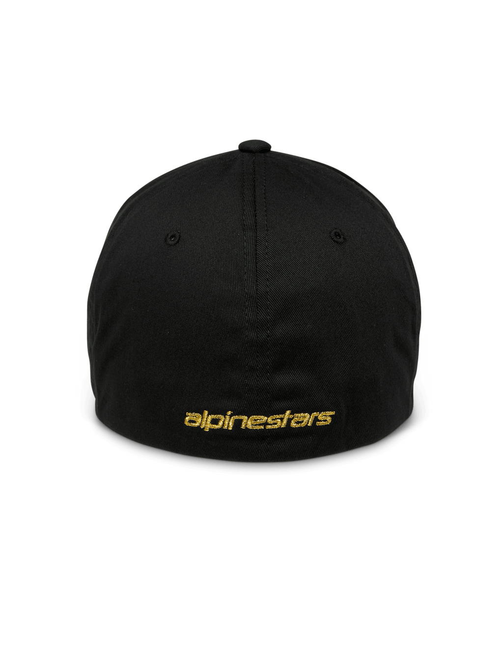 Casquette Alpinestars Gild, casquette sportswear noire, vue arrière avec broderie Alpinestars plate métallique dorée, design arrière flexible fermé, couronne structurée, accessoire décontracté inspiré du sport automobile