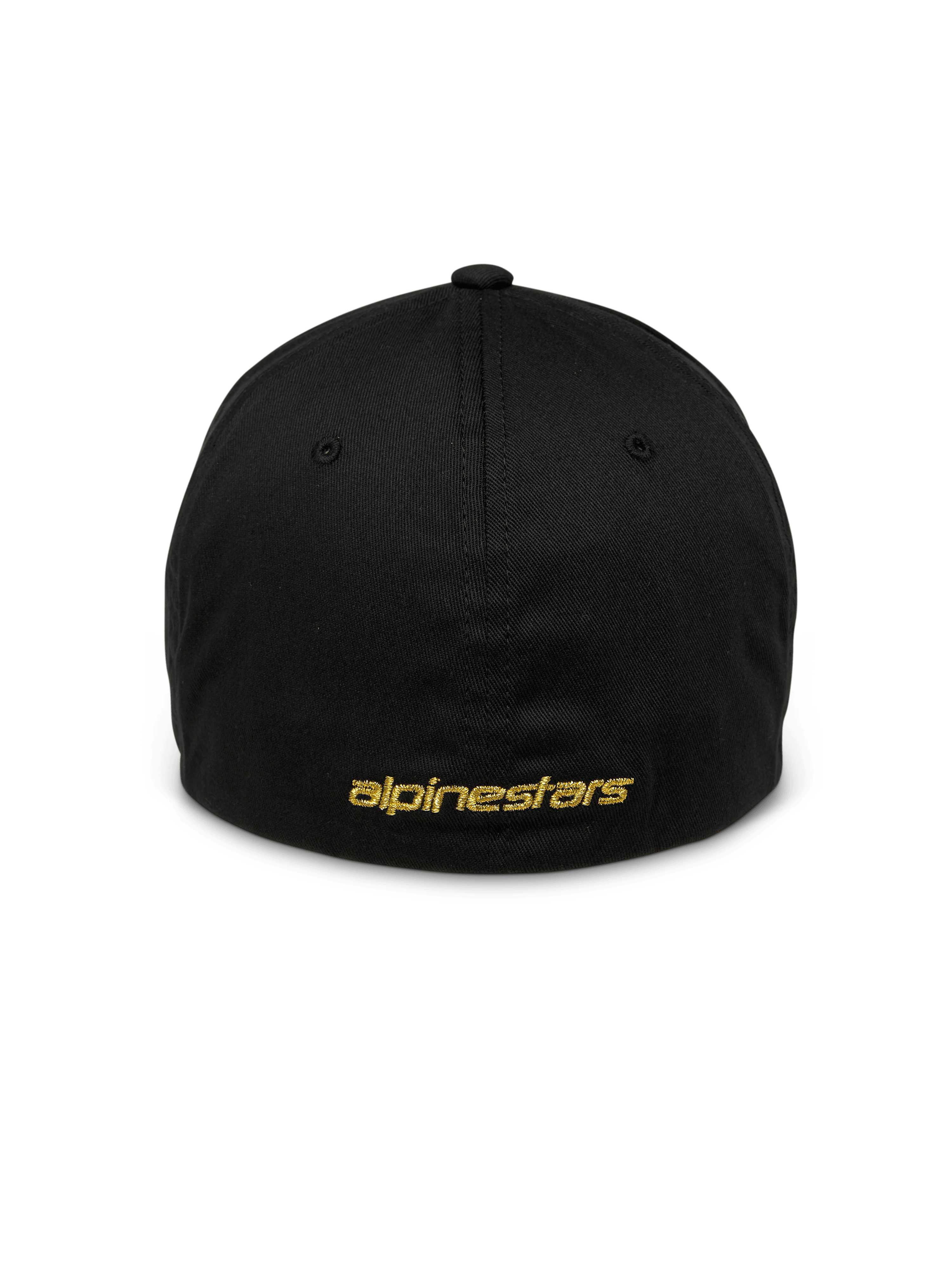 Casquette Alpinestars Gild, casquette sportswear noire, vue arrière avec broderie Alpinestars plate métallique dorée, design arrière flexible fermé, couronne structurée, accessoire décontracté inspiré du sport automobile