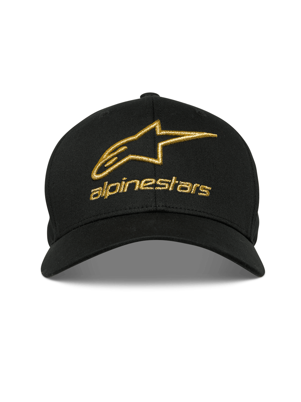 Casquette Gild Alpinestars, noire, logo Alpinestars avec broderie 3D métallique dorée, visière courbée avec couronne structurée, sportswear décontracté