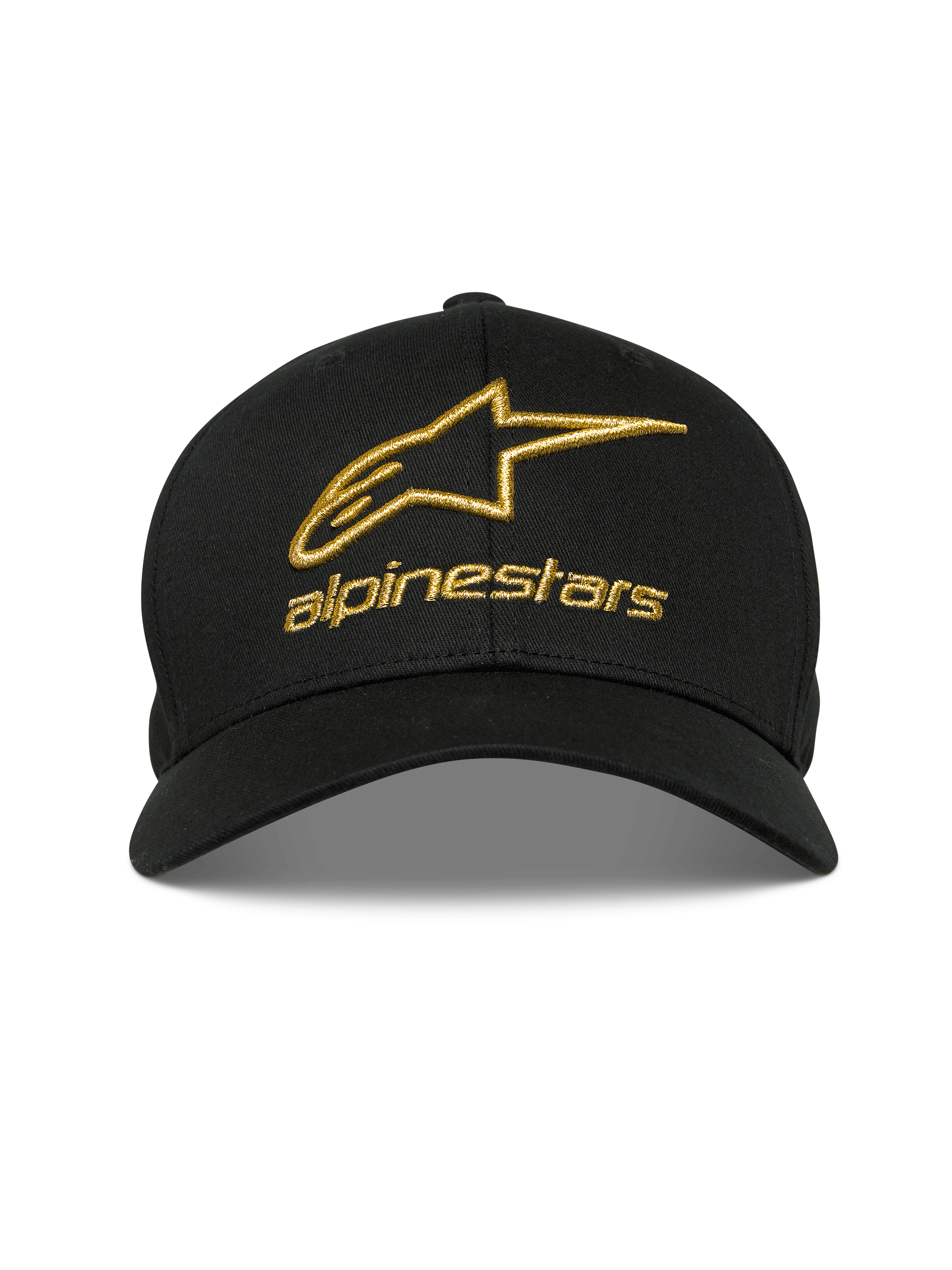 Casquette Gild Alpinestars, noire, logo Alpinestars avec broderie 3D métallique dorée, visière courbée avec couronne structurée, sportswear décontracté