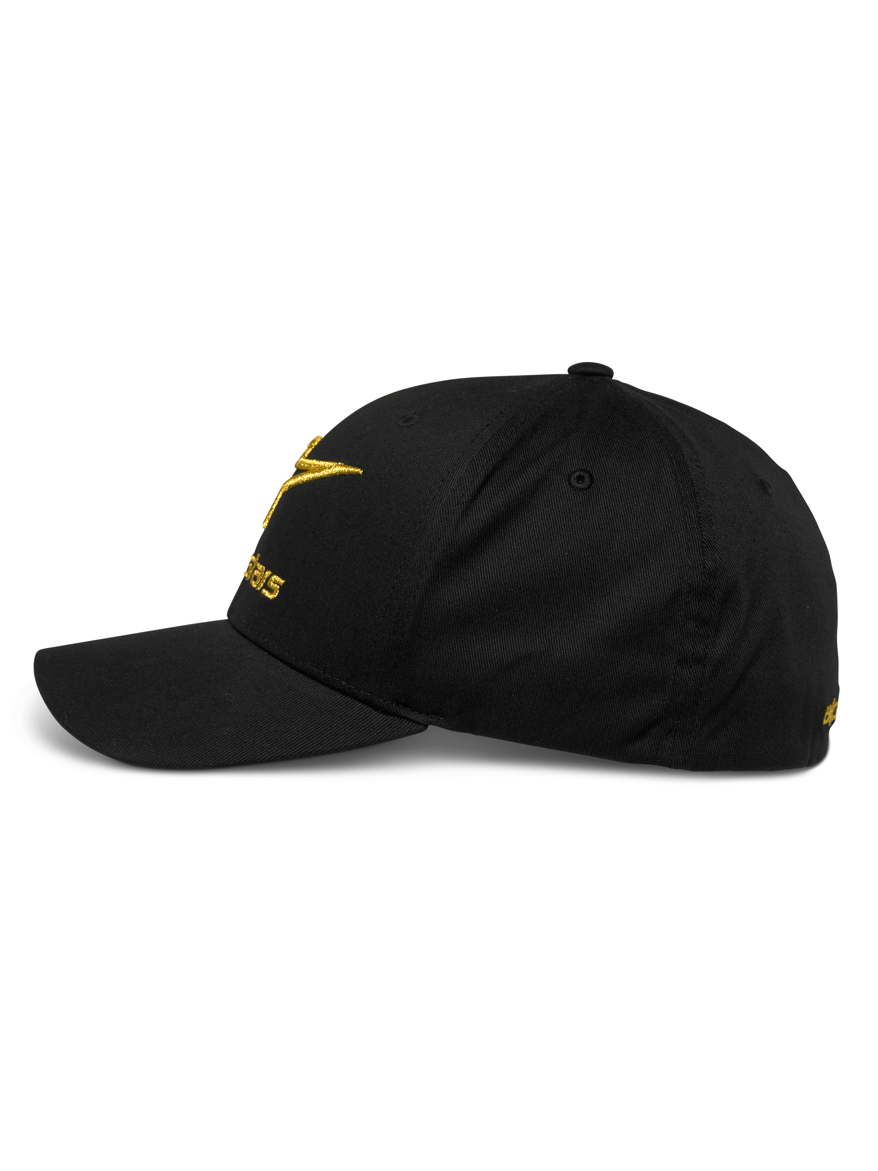 Casquette Alpinestars Gild, vue de profil d'une casquette de baseball noire à visière courbée, logo brodé en 3D métallique doré sur le devant et le côté, couronne structurée et tissu en sergé extensible, vêtement sportswear décontracté