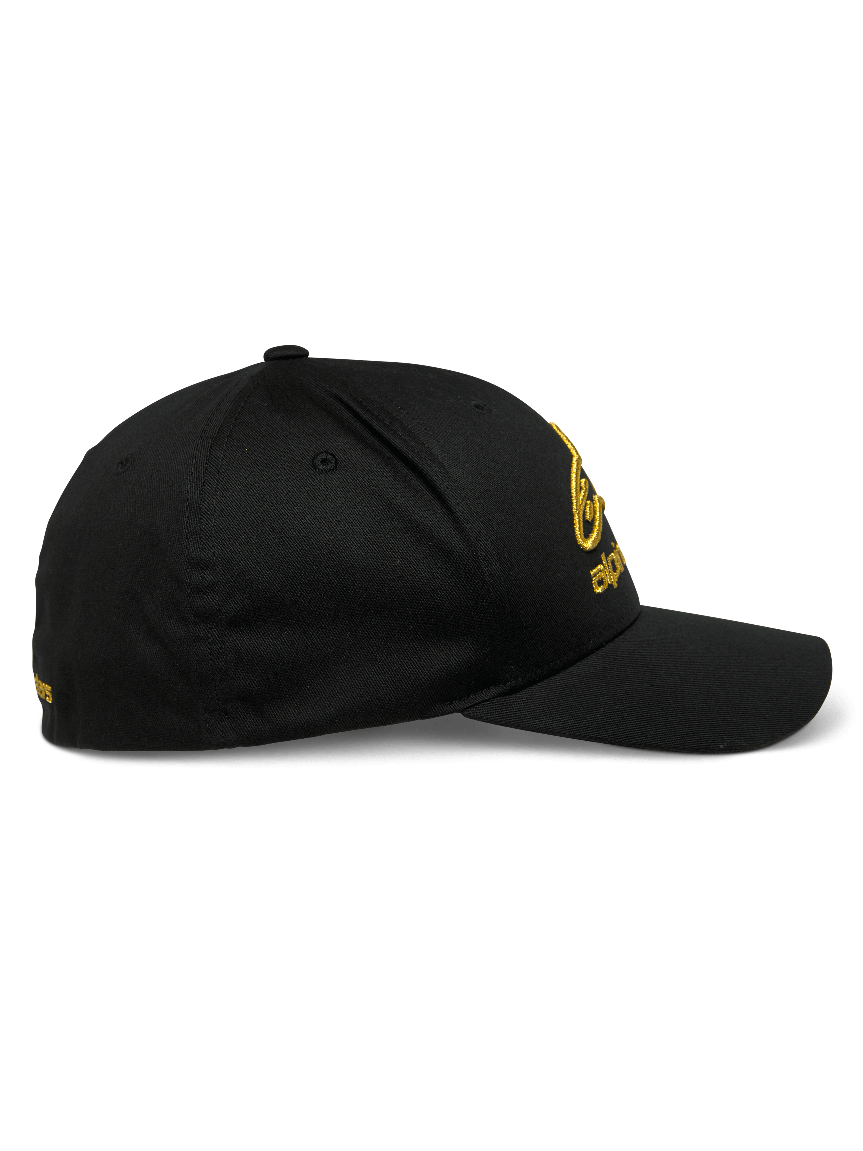 Casquette Alpinestars Gild, casquette sportswear, noir et or, vue de profil avec visière courbée, couronne structurée et broderie 3D métallique dorée sur le devant et le côté, tissu en sergé extensible