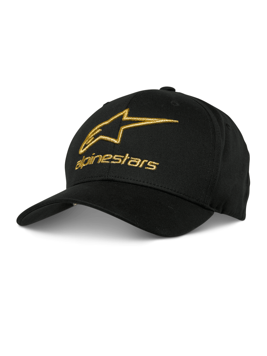 Casquette Alpinestars Gild, casquette de baseball noire avec logo brodé en 3D doré métallique, couronne structurée et visière courbée, sportswear décontracté pour sports mécaniques