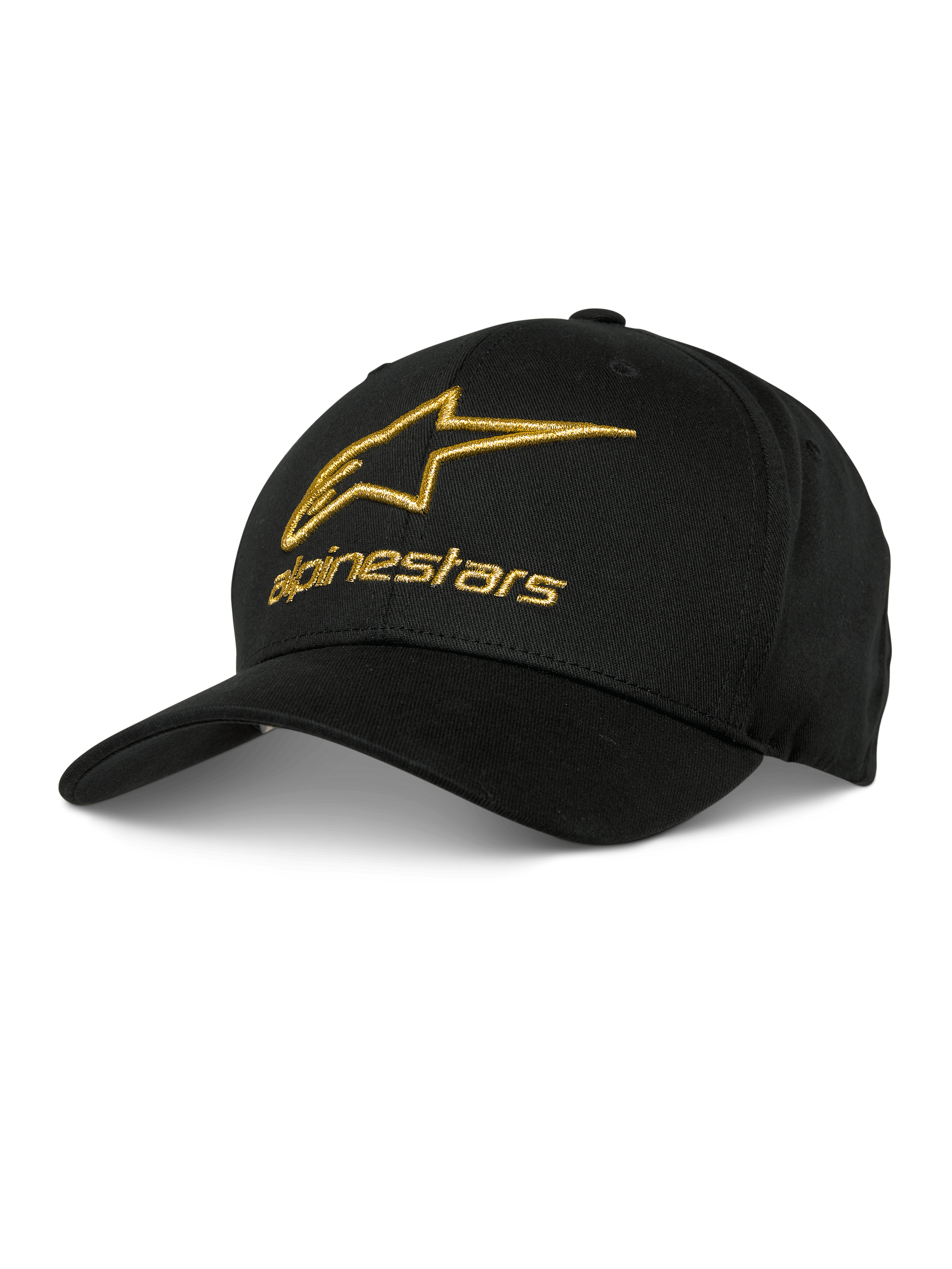 Casquette Alpinestars Gild, casquette de baseball noire avec logo brodé en 3D doré métallique, couronne structurée et visière courbée, sportswear décontracté pour sports mécaniques