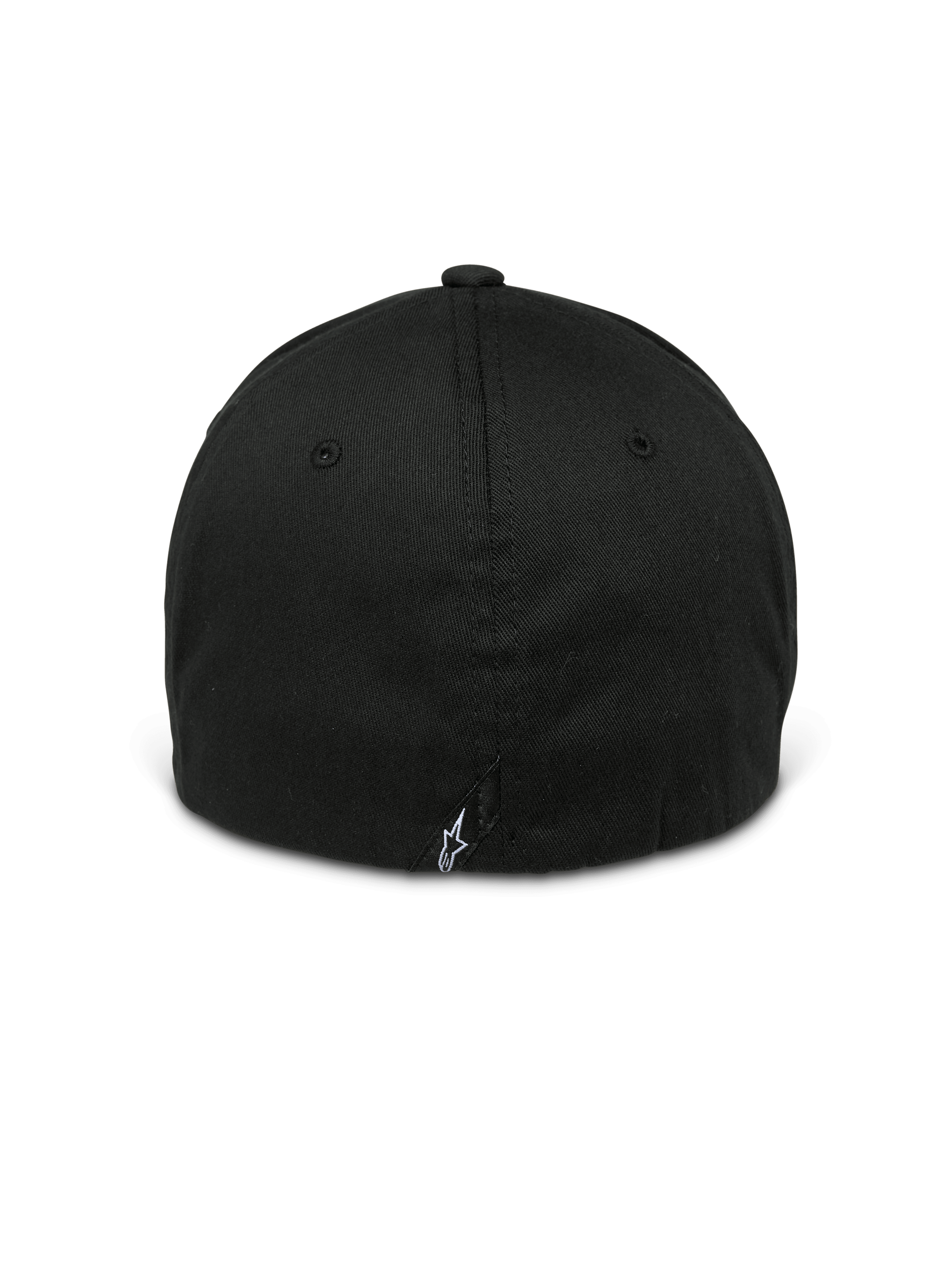 Casquette Alpinestars Arcstars, Noir, vue arrière d'une casquette de baseball à dos flexible, avec un petit logo Astars blanc sur une étiquette arrière, couronne structurée avec œillets ton sur ton, couvre-chef décontracté inspiré du sport automobile