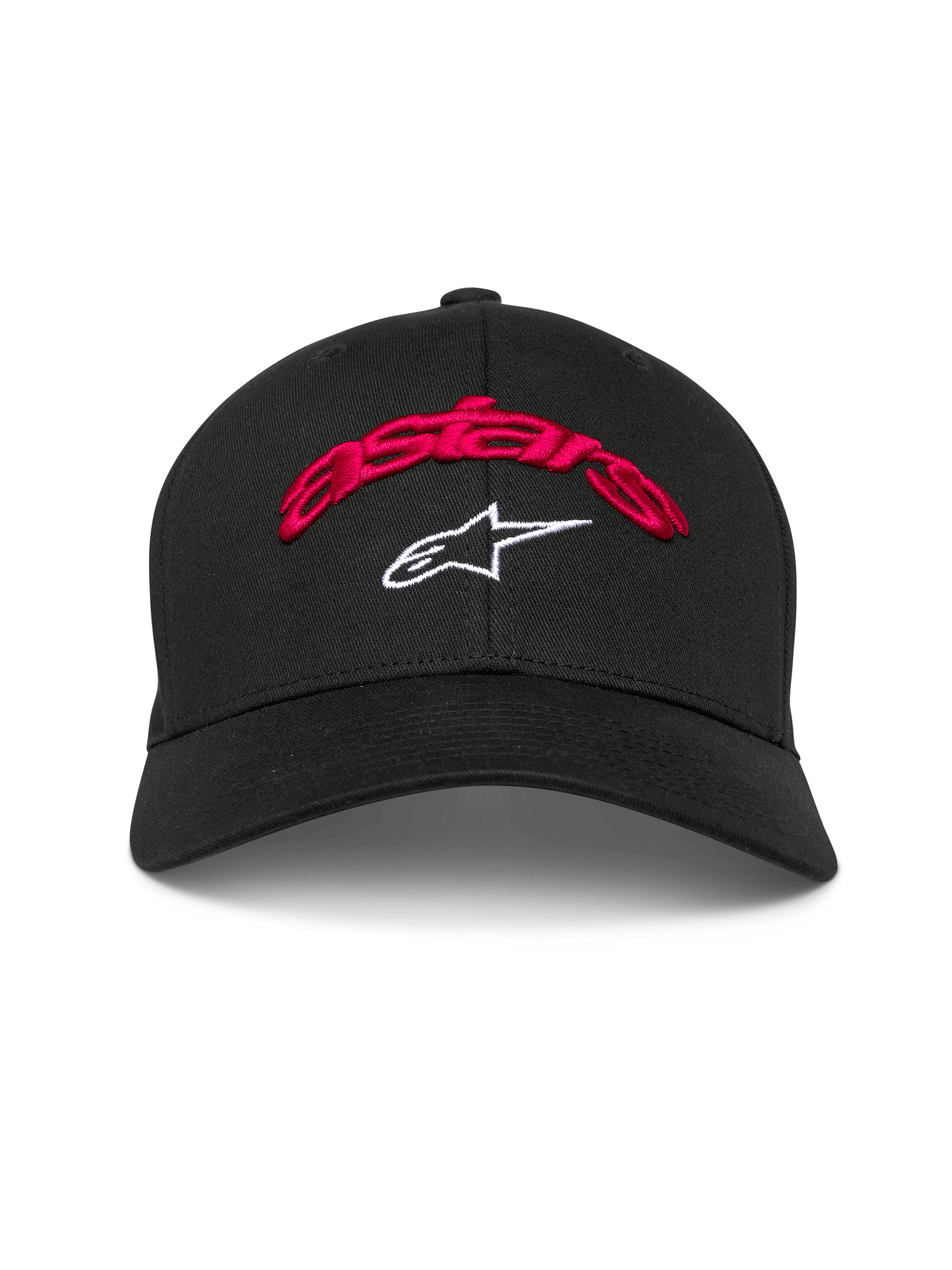 Casquette Alpinestars Arcstars, casquette de baseball noire, inscription astars brodée en 3D rouge et logo étoile blanc, visière courbée, couronne structurée, couvre-chef décontracté inspiré des sports mécaniques