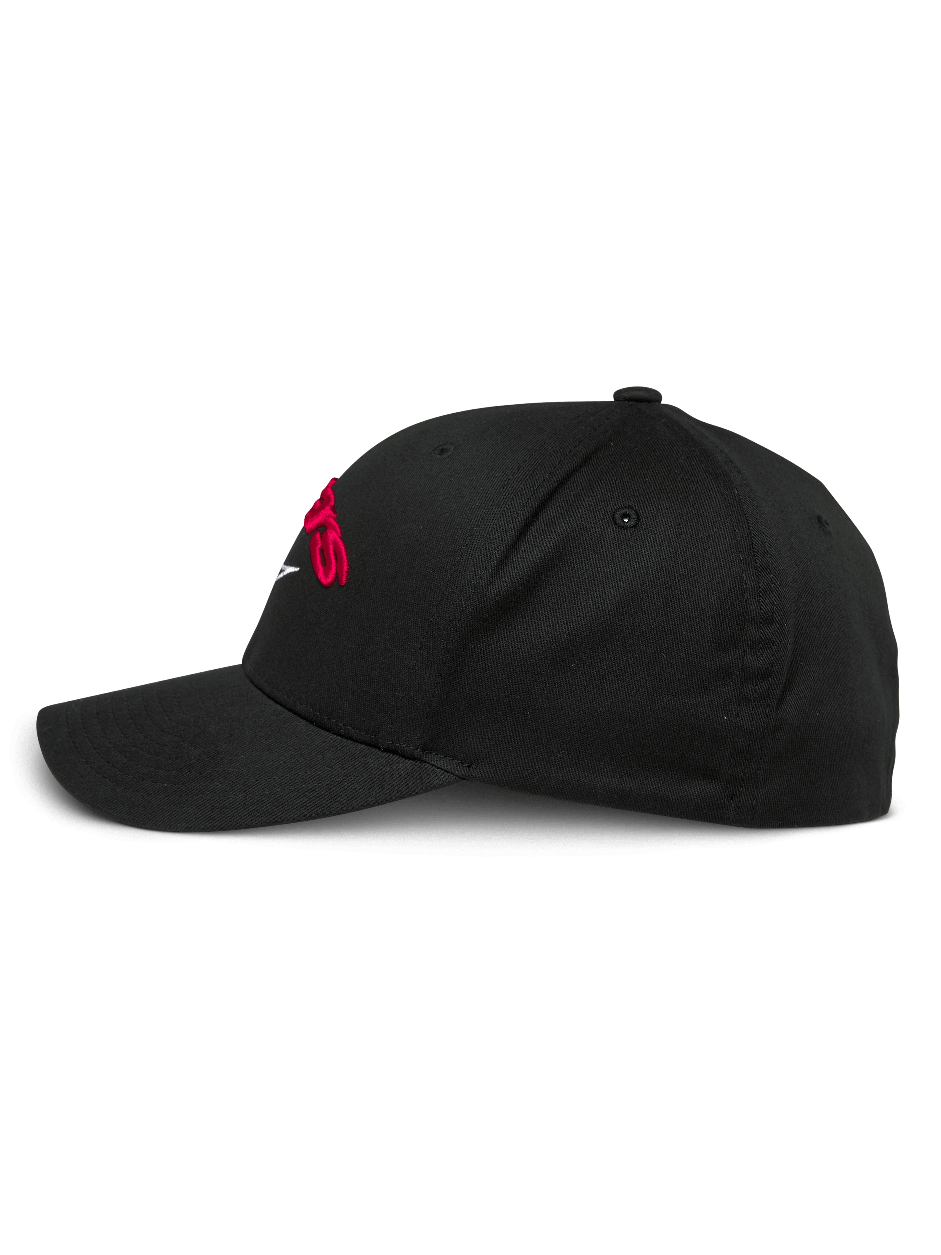 Casquette Alpinestars Arcstars, casquette de baseball noire, vue de profil, visière courbée et couronne structurée, avec logo brodé en 3D rouge, vêtement sportswear décontracté