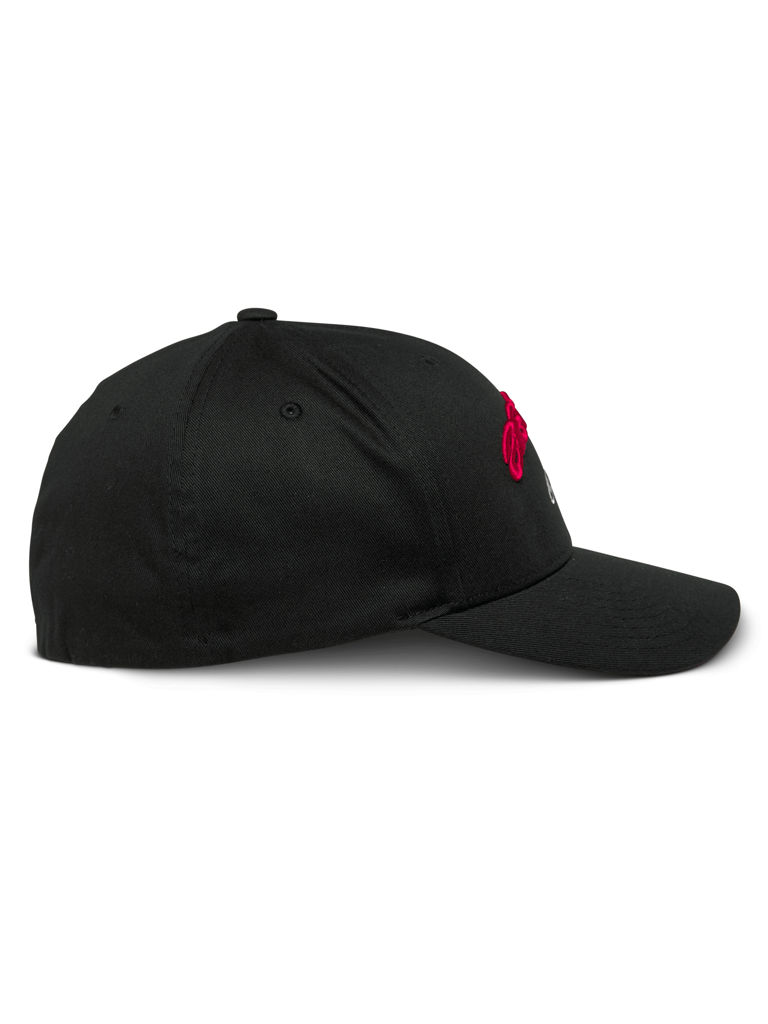 Casquette Alpinestars Arcstars, casquette de baseball noire, vue de profil, visière courbée avec couronne structurée, tissu en sergé extensible, broderies rouges et blanches, couvre-chef décontracté inspiré du sport automobile