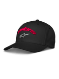 Alpinestars Arcstars Hat, casquette de baseball noire avec inscription Astars brodée en 3D rouge et logo étoile blanc, visière courbée, couronne structurée, vêtement sportswear motorsport décontracté