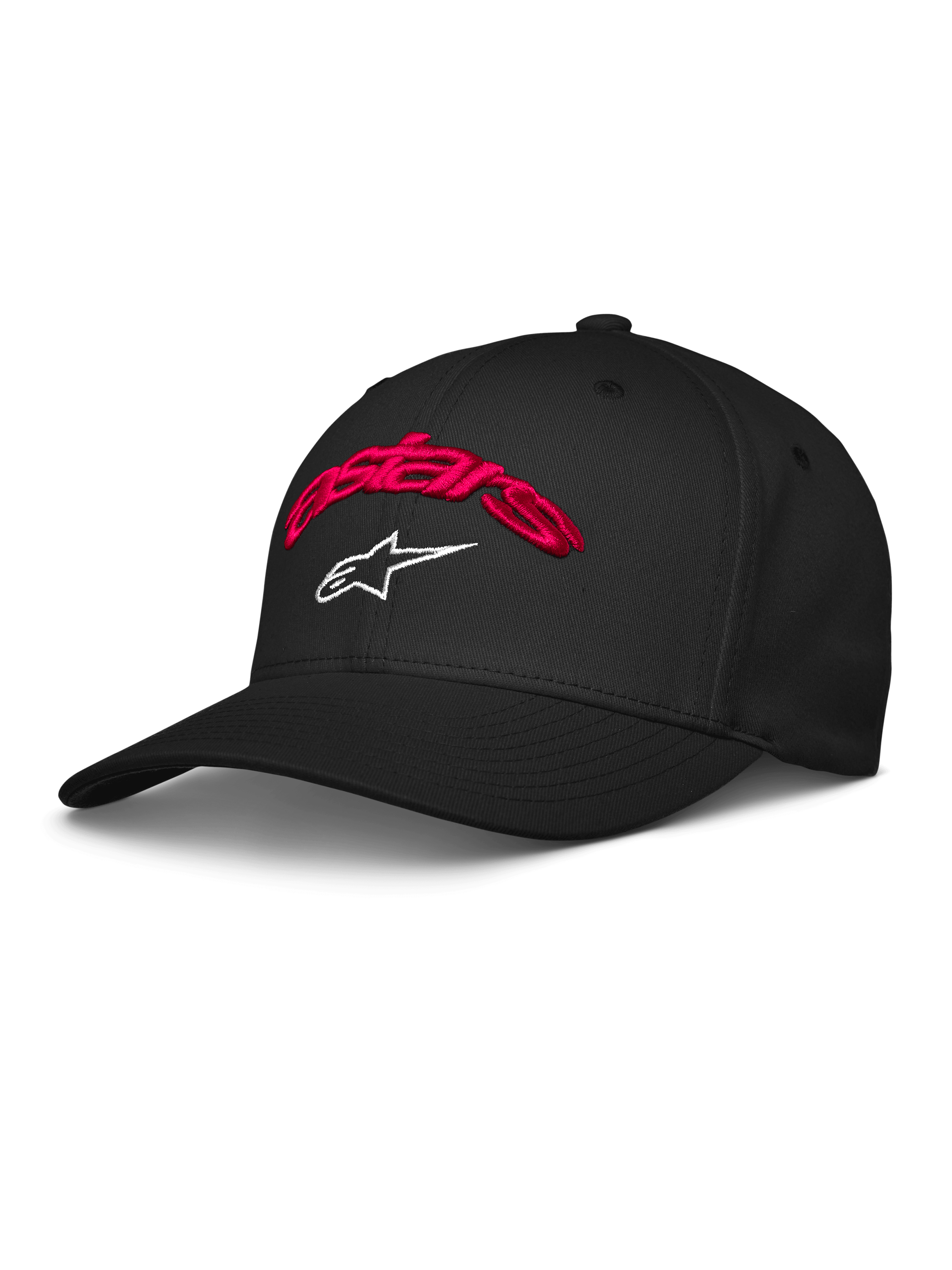 Alpinestars Arcstars Hat, casquette de baseball noire avec inscription Astars brodée en 3D rouge et logo étoile blanc, visière courbée, couronne structurée, vêtement sportswear motorsport décontracté