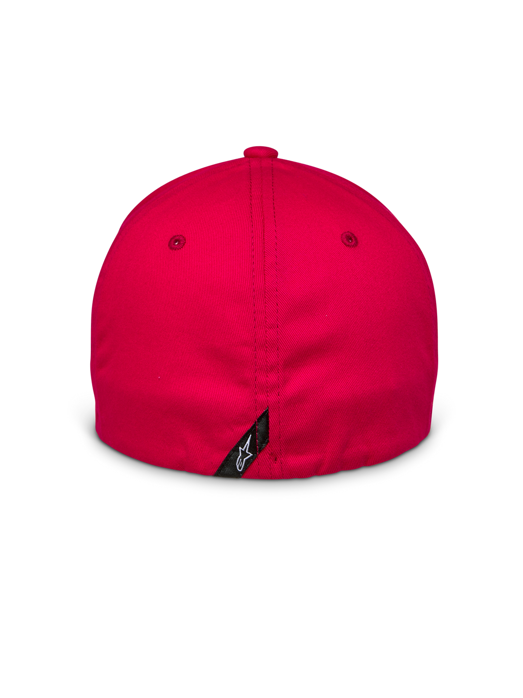 Casquette Alpinestars Arcstars, rouge, vue arrière montrant la fermeture flex-back, petite étiquette noire avec logo Astars blanc sur la couture centrale, tissu en sergé extensible structuré, accessoire motorsport décontracté