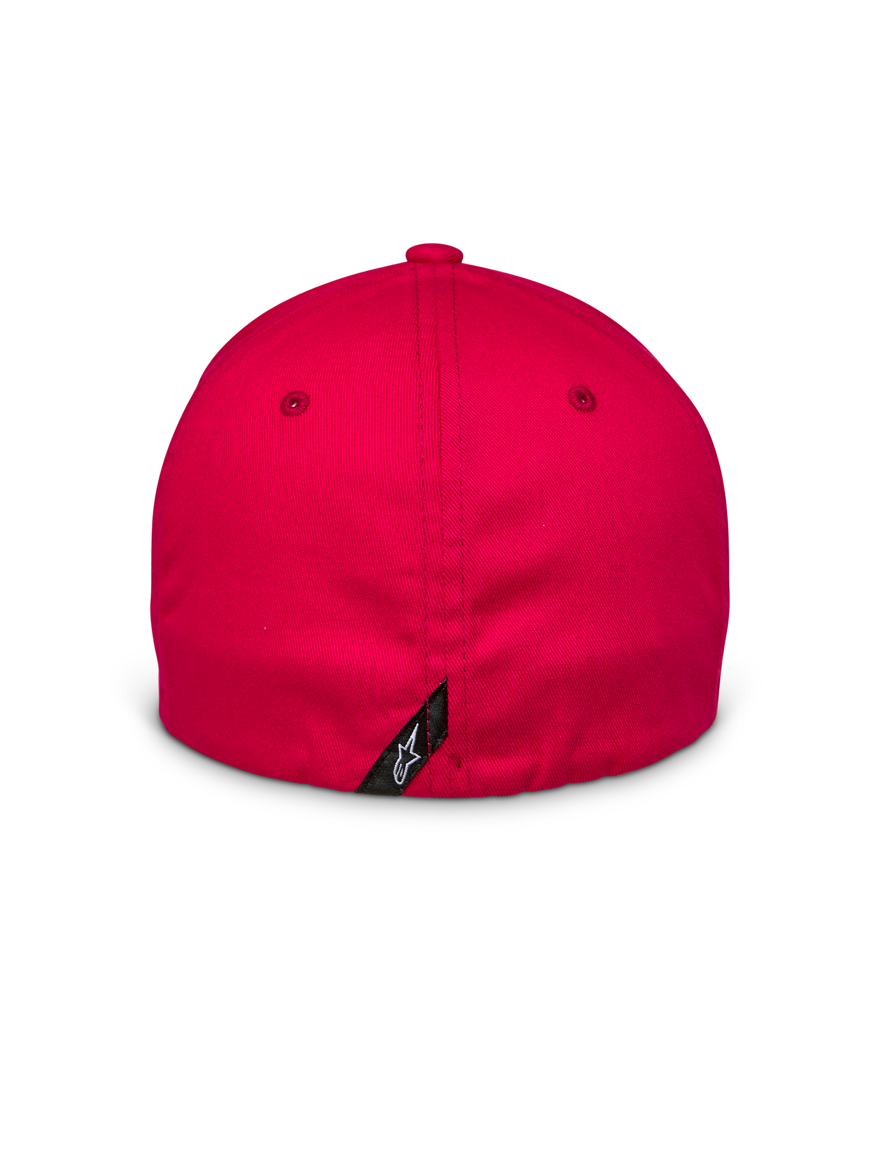 Casquette Alpinestars Arcstars, rouge, vue arrière montrant la fermeture flex-back, petite étiquette noire avec logo Astars blanc sur la couture centrale, tissu en sergé extensible structuré, accessoire motorsport décontracté