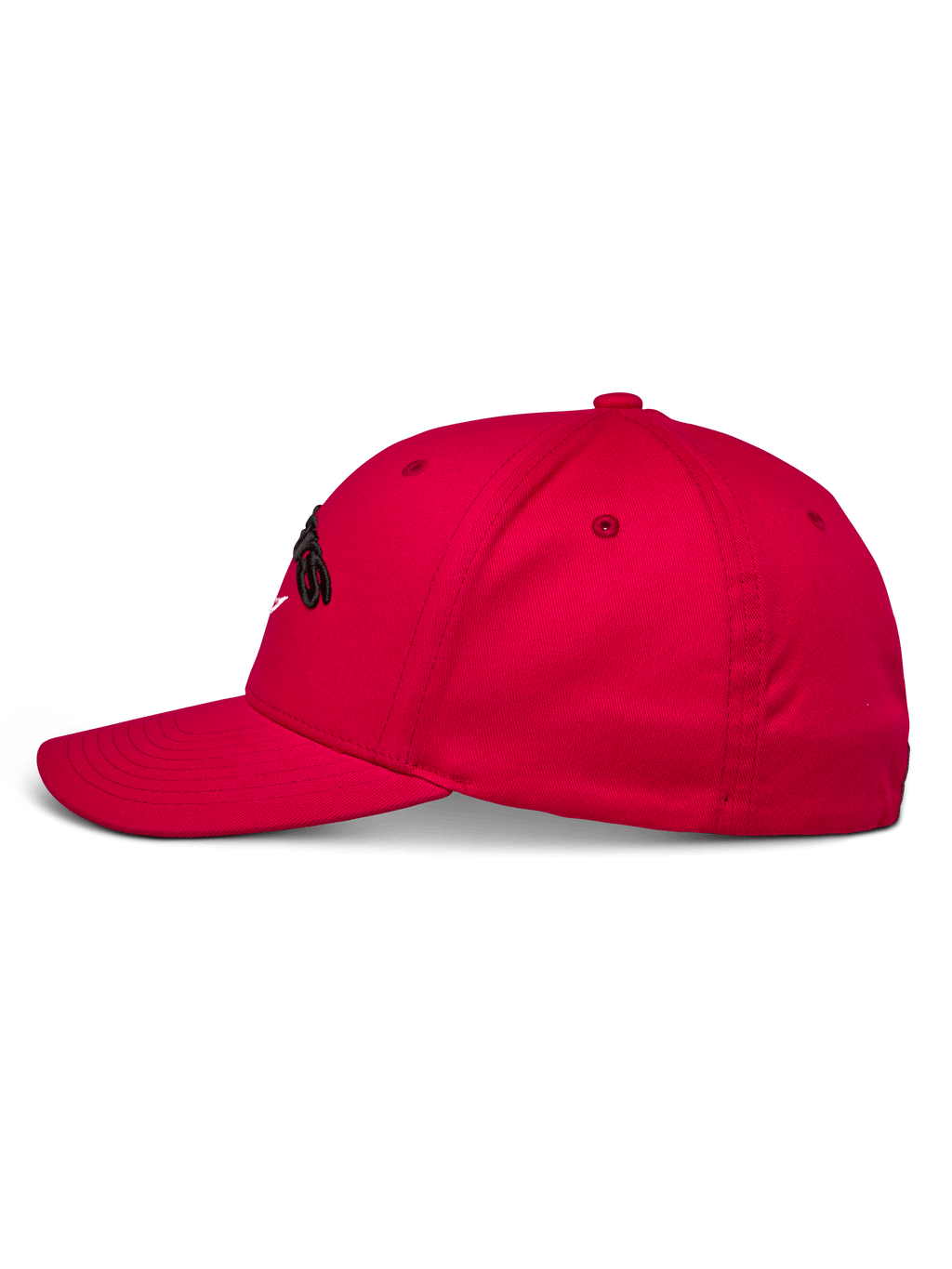 Casquette Alpinestars Arcstars, casquette de baseball rouge, vue de profil, couronne structurée avec visière courbée, broderie Astars 3D noire, vêtement de sport automobile décontracté