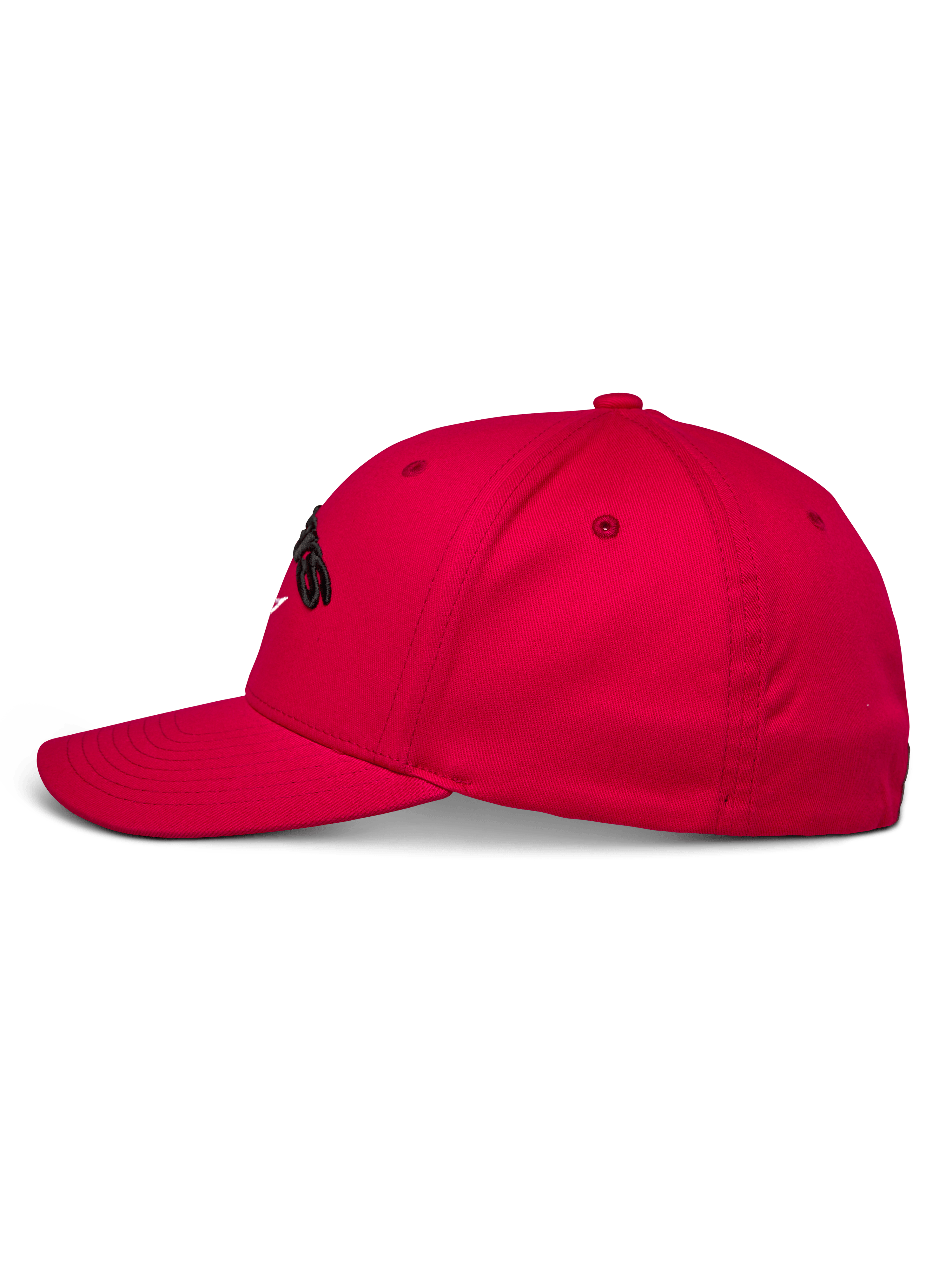 Casquette Alpinestars Arcstars, casquette de baseball rouge, vue de profil, couronne structurée avec visière courbée, broderie Astars 3D noire, vêtement de sport automobile décontracté
