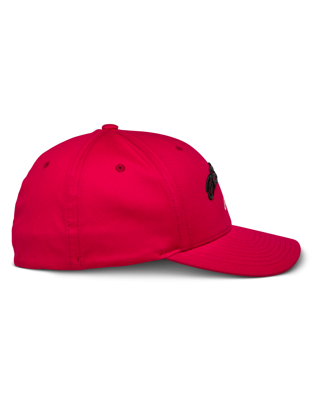 Casquette Alpinestars Arcstars, rouge, vue de profil, casquette de baseball structurée avec visière courbée, tissu en sergé extensible, broderie 3D noire, vêtement de sport décontracté