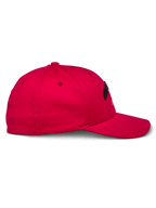 Casquette Alpinestars Arcstars, rouge, vue de profil, casquette de baseball structurée avec visière courbée, tissu en sergé extensible, broderie 3D noire, vêtement de sport décontracté