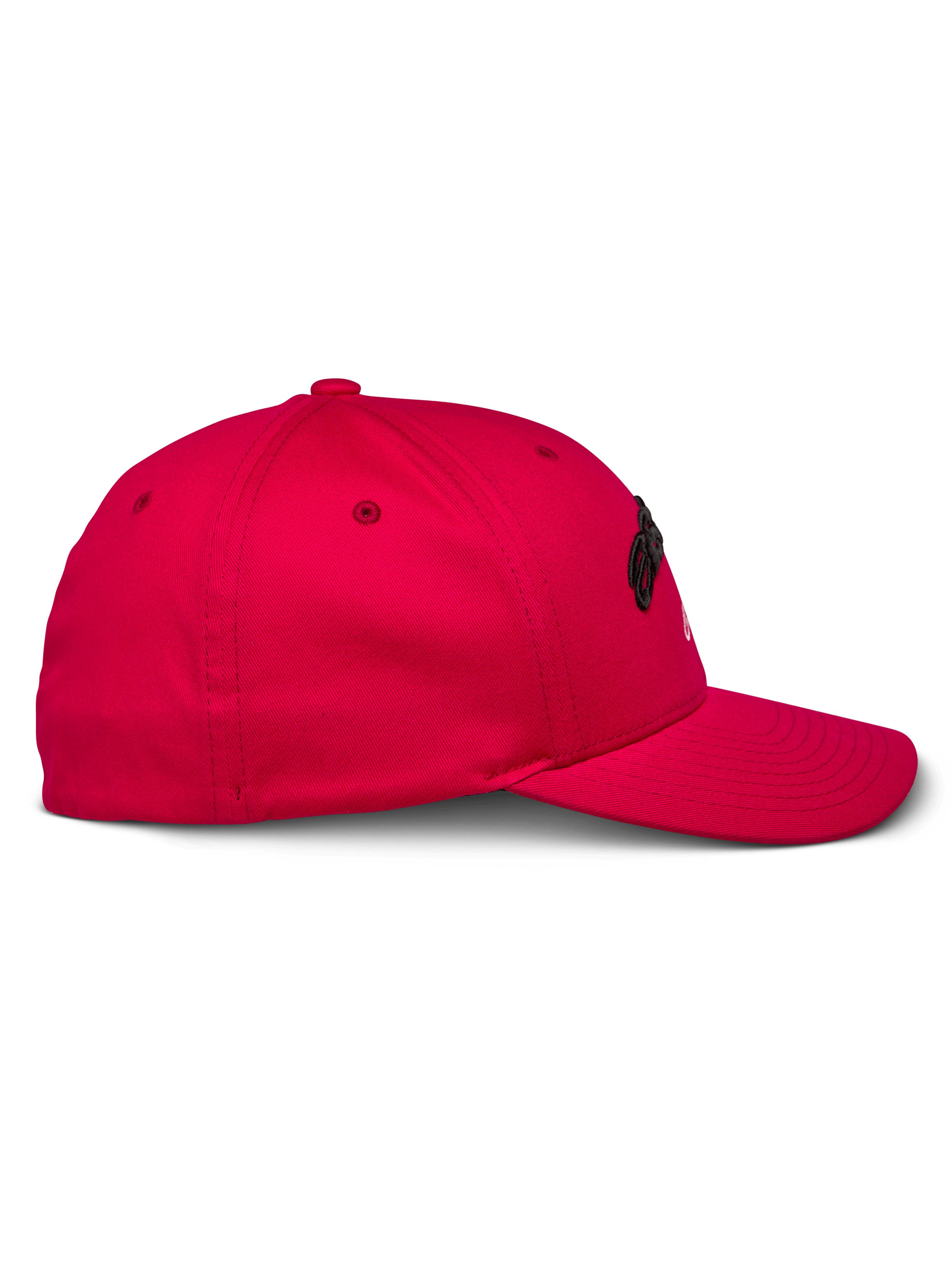 Casquette Alpinestars Arcstars, rouge, vue de profil, casquette de baseball structurée avec visière courbée, tissu en sergé extensible, broderie 3D noire, vêtement de sport décontracté
