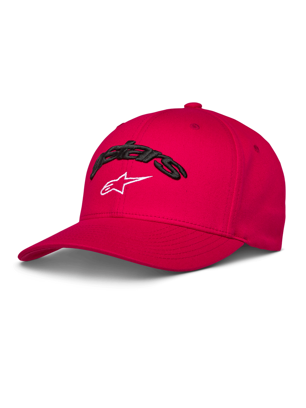 Alpinestars Arcstars Hat, casquette de baseball rouge, visière courbée et couronne structurée, broderie 3D Astars noire avec logo étoile blanc, vêtement de sport décontracté motorsport
