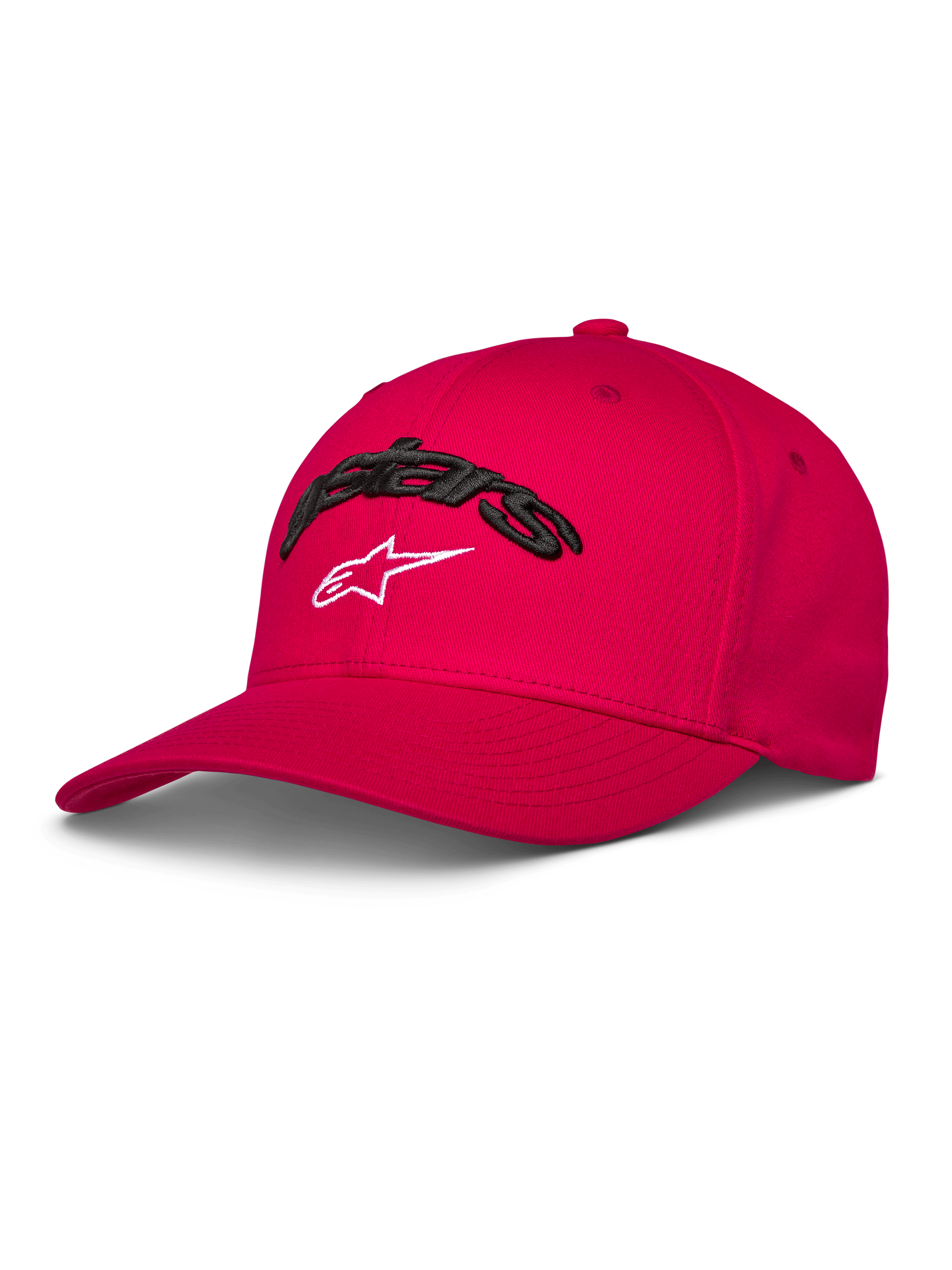 Alpinestars Arcstars Hat, casquette de baseball rouge, visière courbée et couronne structurée, broderie 3D Astars noire avec logo étoile blanc, vêtement de sport décontracté motorsport
