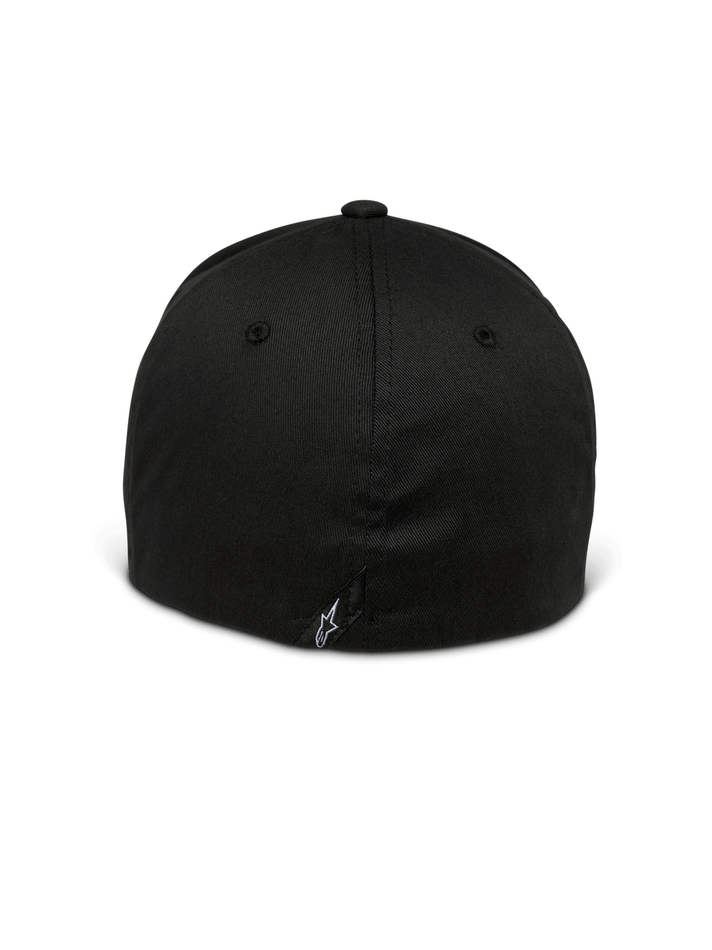 Casquette Alpinestars Setting, modèle à dos flexible, noir, vue arrière montrant le design fermé et extensible, petit logo étoile blanc brodé sur la couture inférieure, couronne structurée en tissu sergé extensible