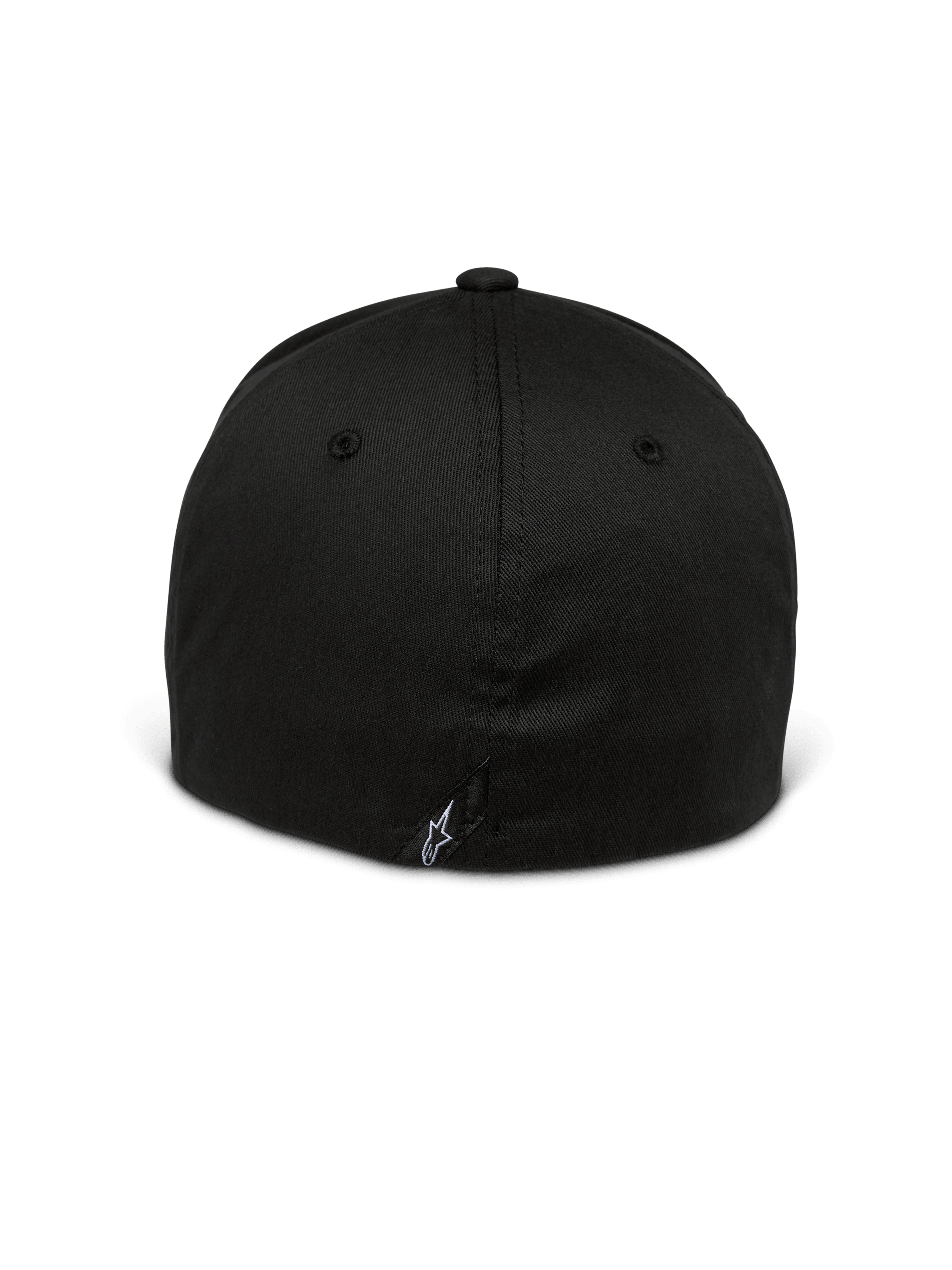 Casquette Alpinestars Setting, modèle à dos flexible, noir, vue arrière montrant le design fermé et extensible, petit logo étoile blanc brodé sur la couture inférieure, couronne structurée en tissu sergé extensible
