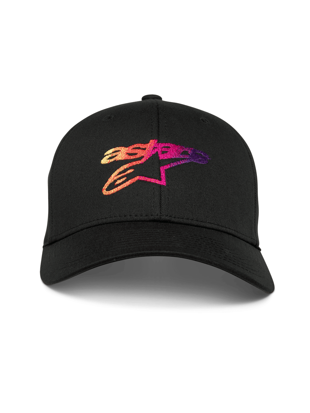 Alpinestars Casquette Setting, casquette de baseball noire à visière courbée, avec logo Astar brodé en dégradé 3D aux tons orange, rose et violet, couronne structurée, style sportswear motorsport décontracté