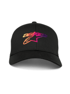Alpinestars Casquette Setting, casquette de baseball noire à visière courbée, avec logo Astar brodé en dégradé 3D aux tons orange, rose et violet, couronne structurée, style sportswear motorsport décontracté