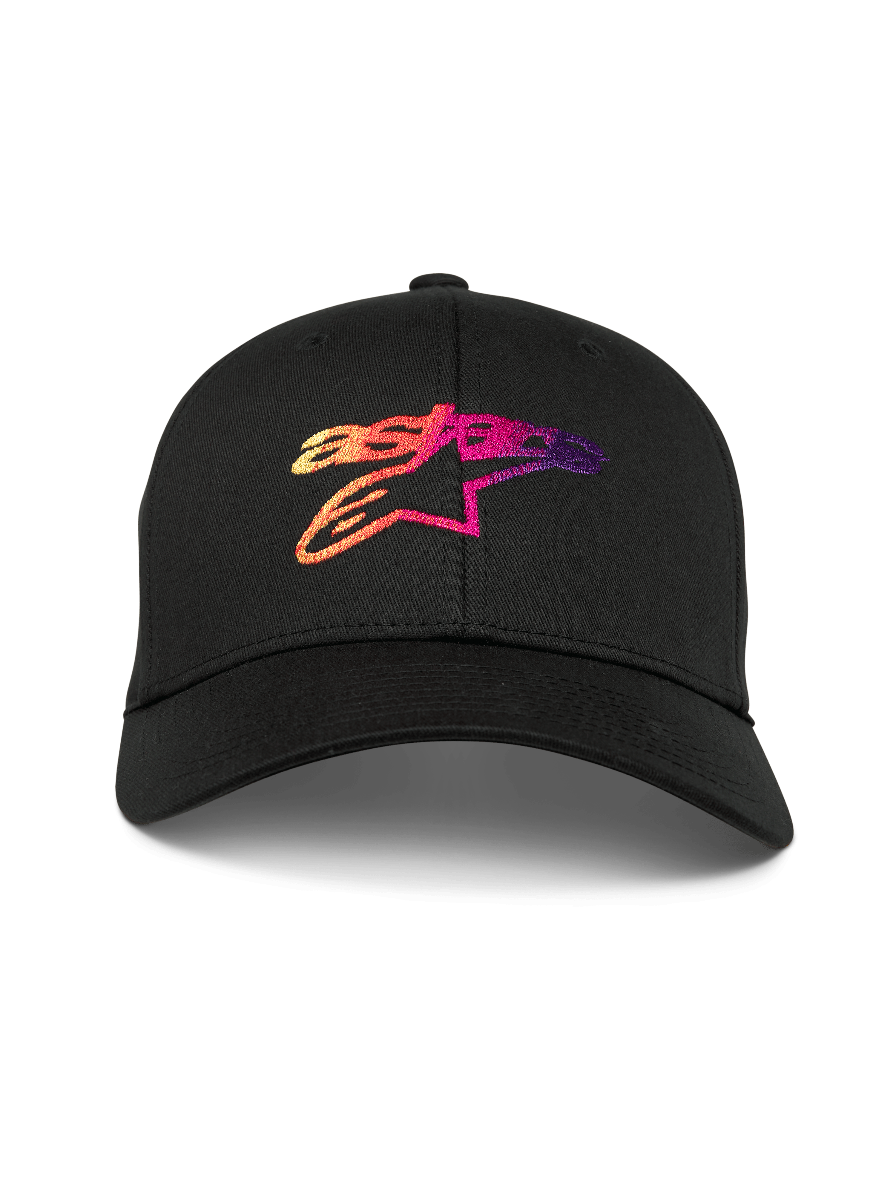Alpinestars Casquette Setting, casquette de baseball noire à visière courbée, avec logo Astar brodé en dégradé 3D aux tons orange, rose et violet, couronne structurée, style sportswear motorsport décontracté
