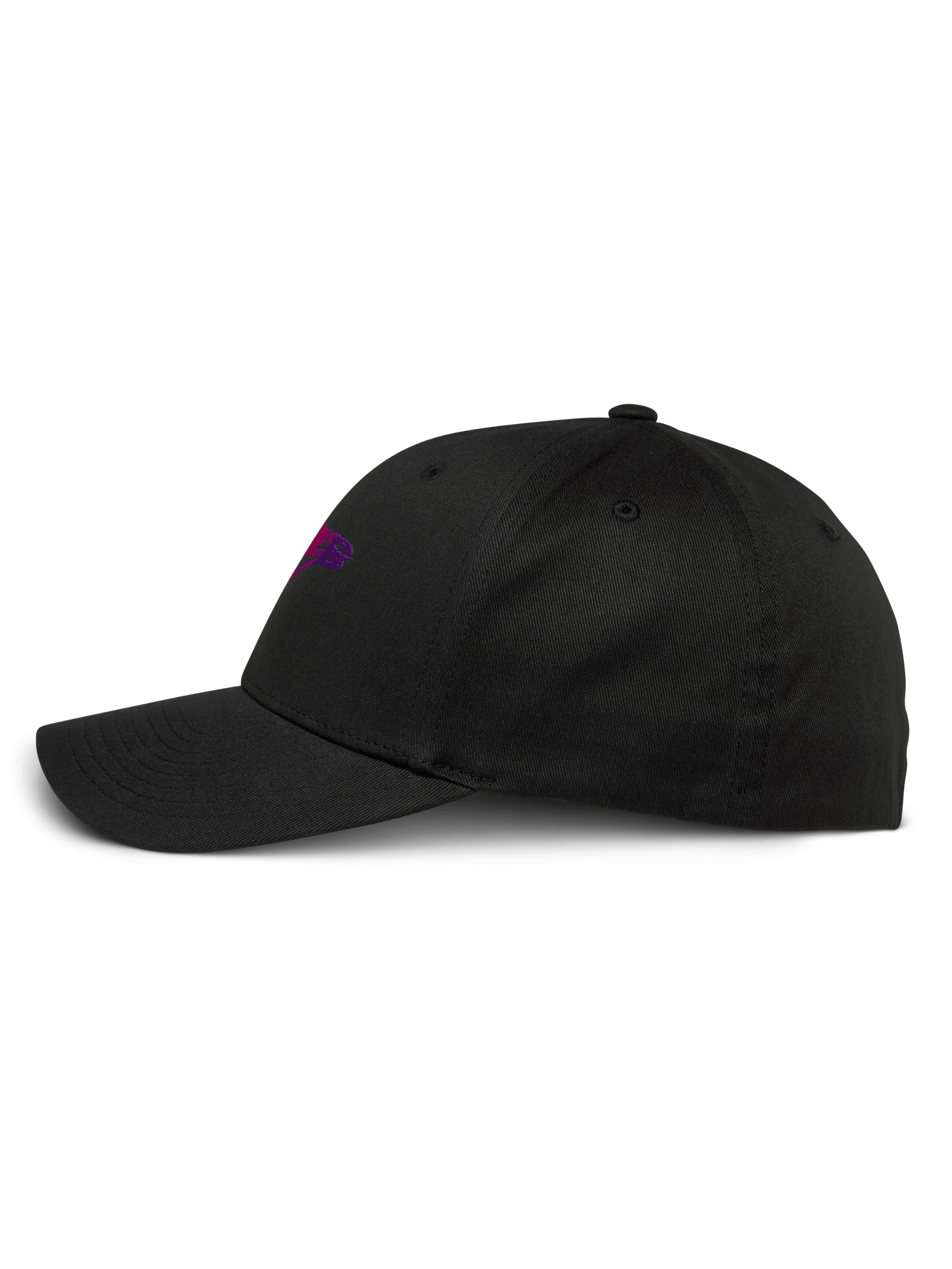 Casquette Alpinestars Setting, noire, vue de profil, visière courbée avec couronne structurée, logo brodé en dégradé 3D violet, casquette de baseball décontractée en sergé extensible