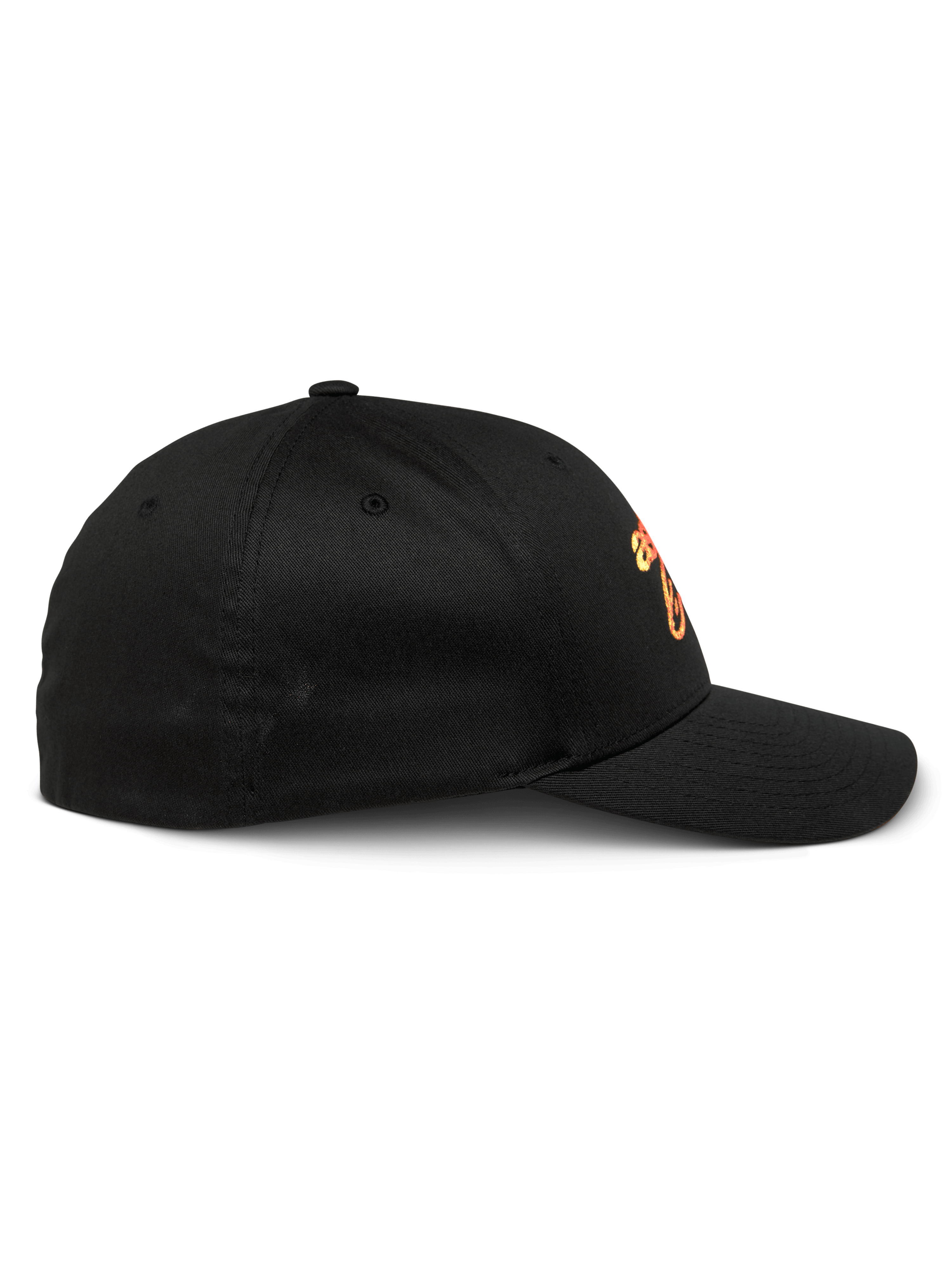 Casquette Alpinestars Setting, casquette de baseball noire, vue de profil montrant la visière courbée et la couronne structurée, avec logo brodé en dégradé orange, style sportswear décontracté