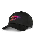 Alpinestars Setting Hat, casquette de baseball noire, dotée d'un logo brodé en dégradé 3D orange, rose et violet, visière courbée, couronne structurée, couvre-chef lifestyle décontracté