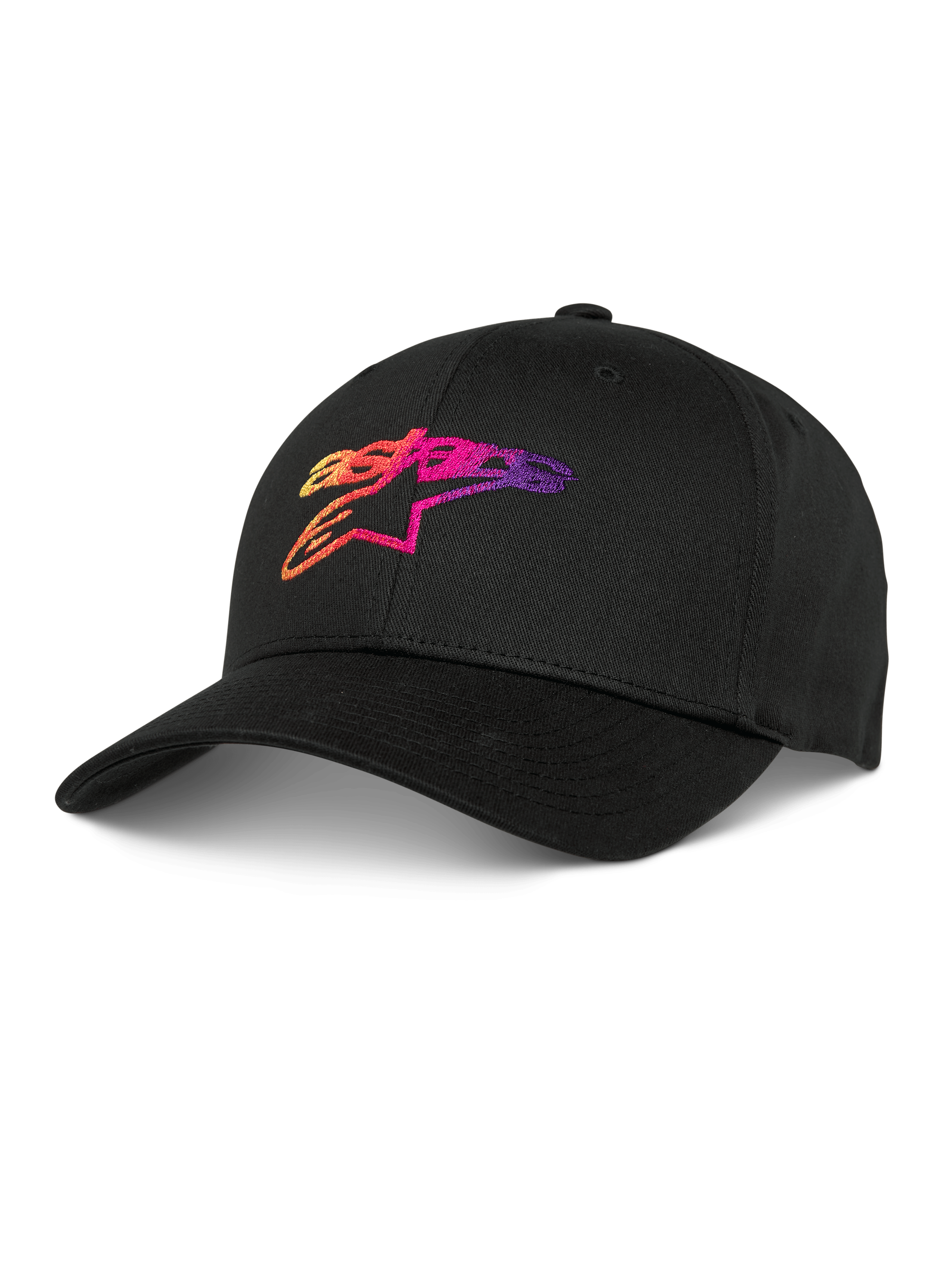 Alpinestars Setting Hat, casquette de baseball noire, dotée d'un logo brodé en dégradé 3D orange, rose et violet, visière courbée, couronne structurée, couvre-chef lifestyle décontracté