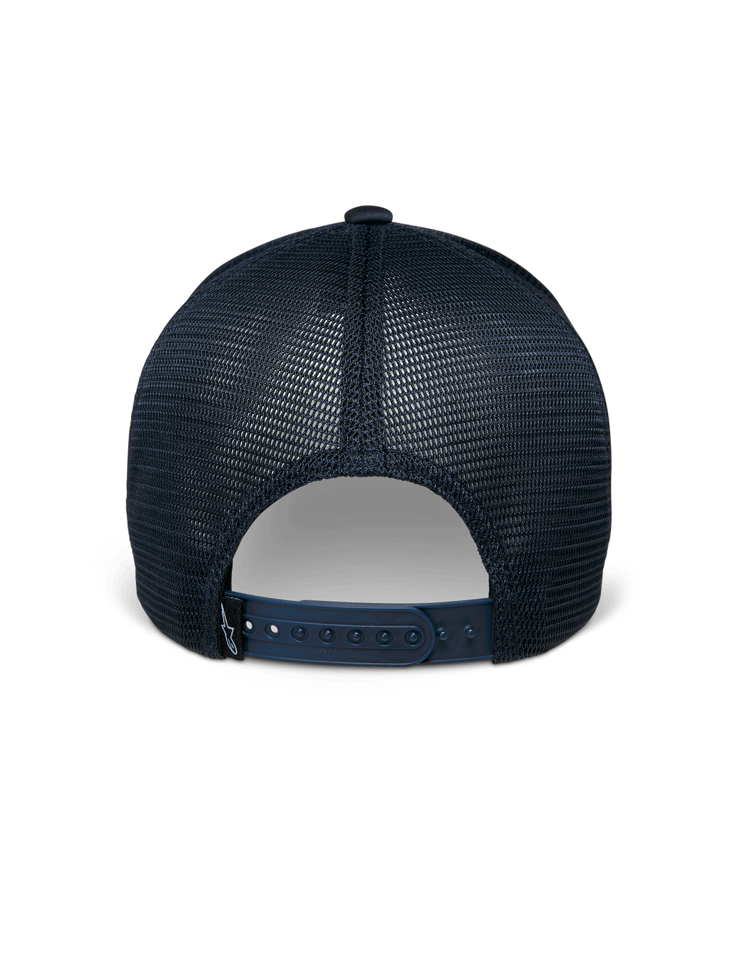 Casquette Alpinestars Delane, bleu marine, vue arrière, avec panneaux en maille diamant respirante, fermeture snapback réglable avec petite étiquette logo, vêtement de sport technique et décontracté