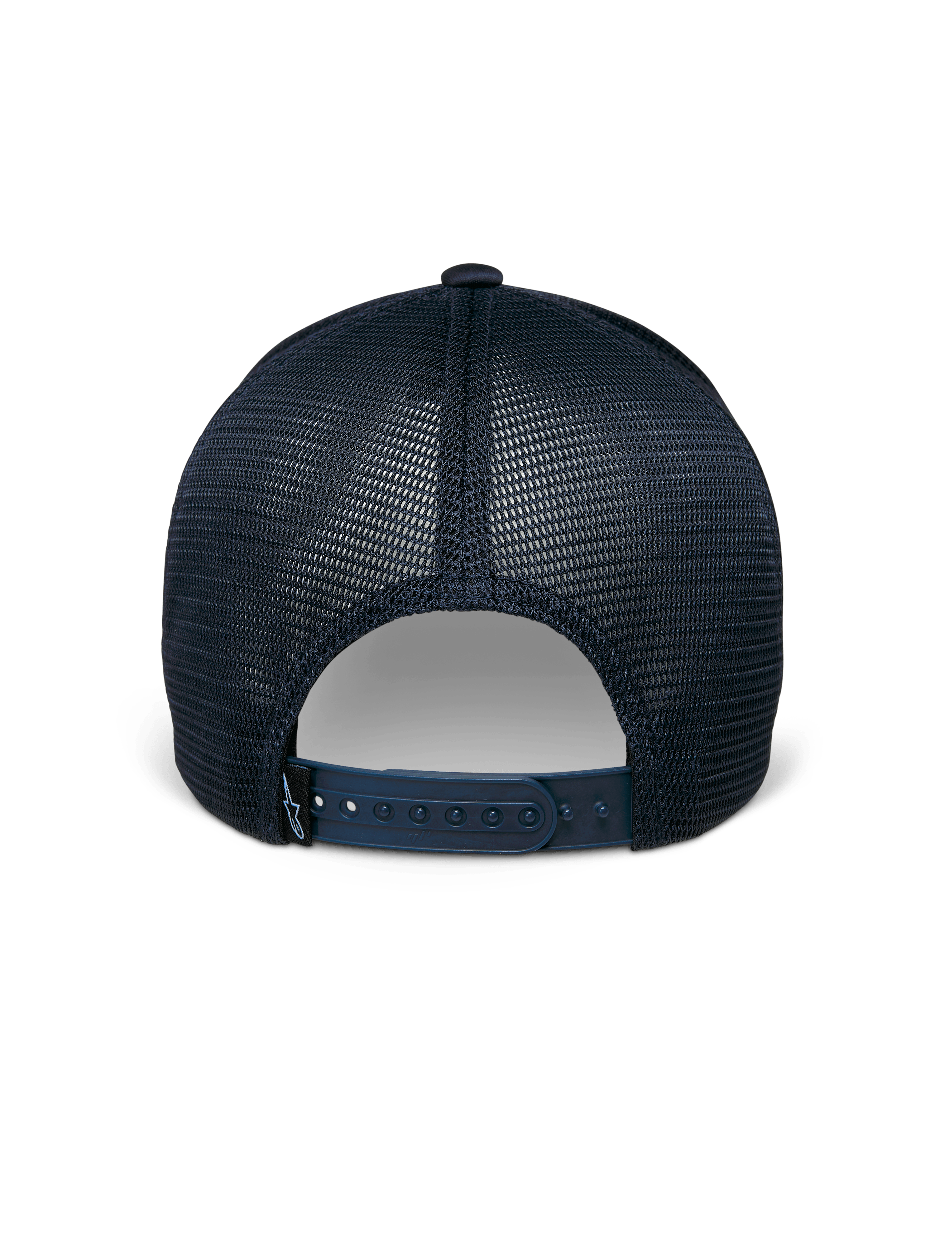 Casquette Alpinestars Delane, bleu marine, vue arrière, avec panneaux en maille diamant respirante, fermeture snapback réglable avec petite étiquette logo, vêtement de sport technique et décontracté