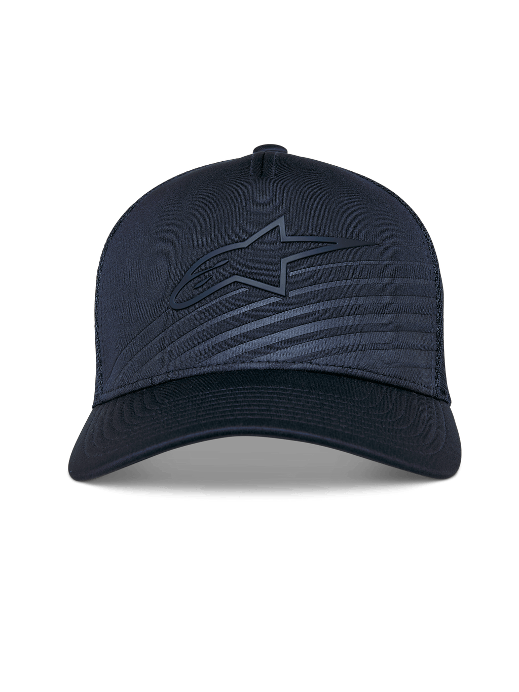 Casquette Alpinestars Delane, casquette de baseball structurée, bleu marine, visière courbée avec logo Alpinestars ton sur ton et écusson réfléchissant, arrière en maille pour la ventilation, accessoire de sport technique