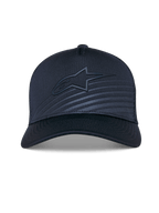 Casquette Alpinestars Delane, casquette de baseball structurée, bleu marine, visière courbée avec logo Alpinestars ton sur ton et écusson réfléchissant, arrière en maille pour la ventilation, accessoire de sport technique