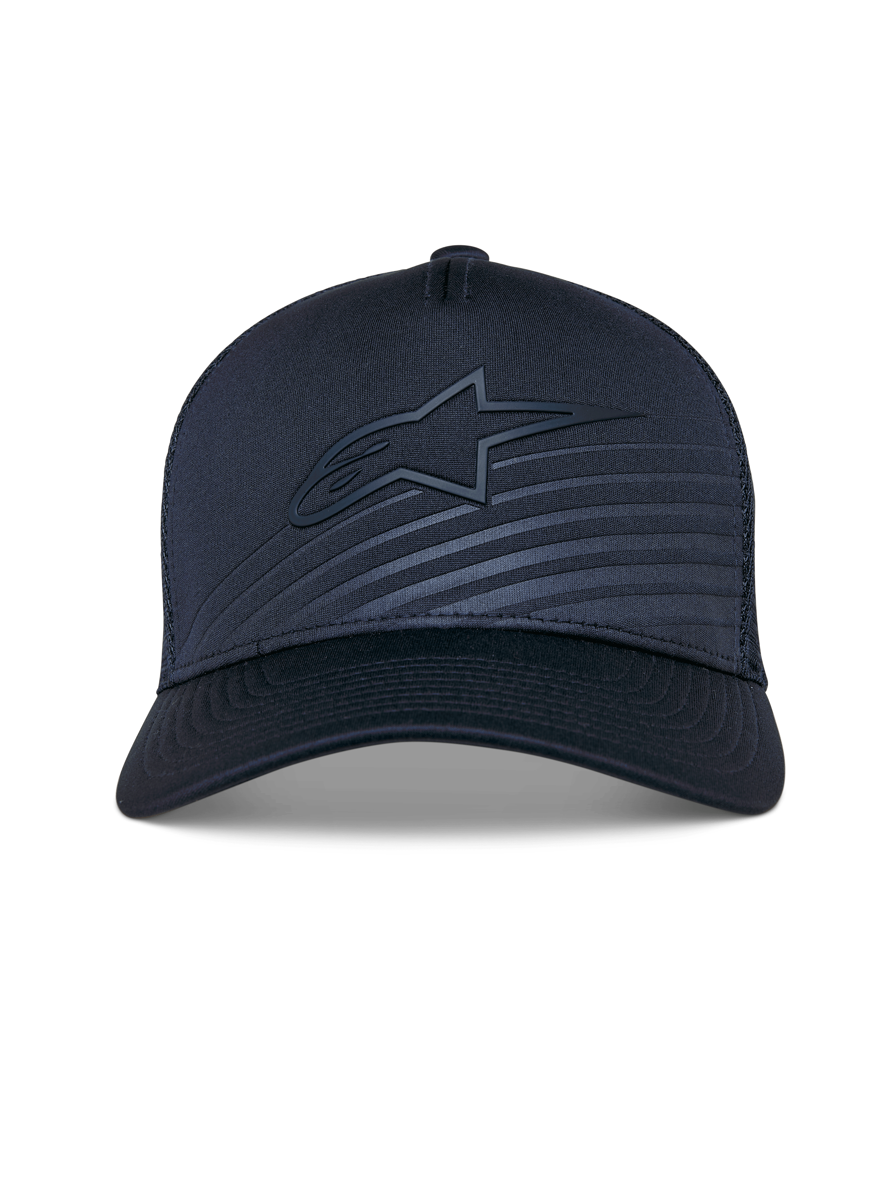 Casquette Alpinestars Delane, casquette de baseball structurée, bleu marine, visière courbée avec logo Alpinestars ton sur ton et écusson réfléchissant, arrière en maille pour la ventilation, accessoire de sport technique