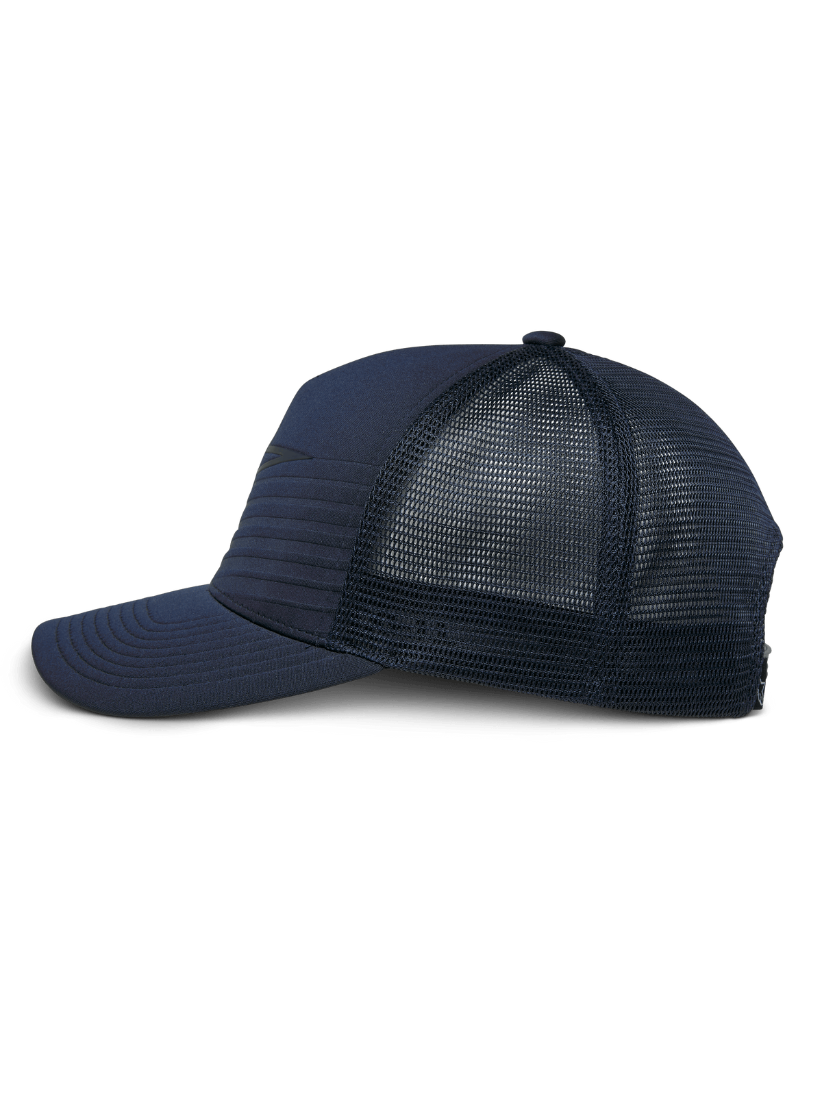 Casquette Alpinestars Delane, bleu marine, profil latéral d'une casquette structurée de style baseball avec visière courbée, présentant un devant en jersey hybride à coutures horizontales et un dos en maille diamant, vêtement de sport décontracté.
