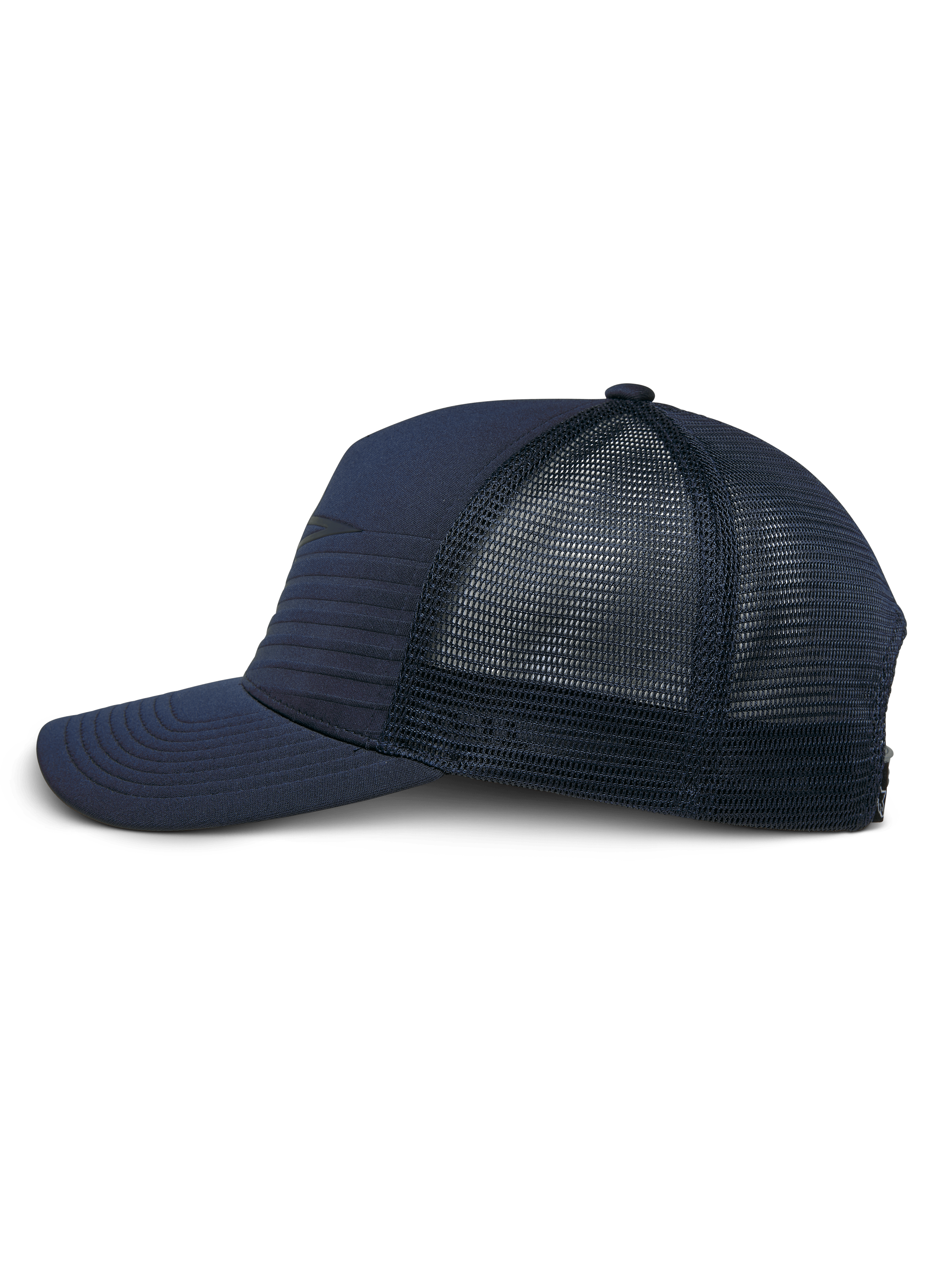Casquette Alpinestars Delane, bleu marine, profil latéral d'une casquette structurée de style baseball avec visière courbée, présentant un devant en jersey hybride à coutures horizontales et un dos en maille diamant, vêtement de sport décontracté.