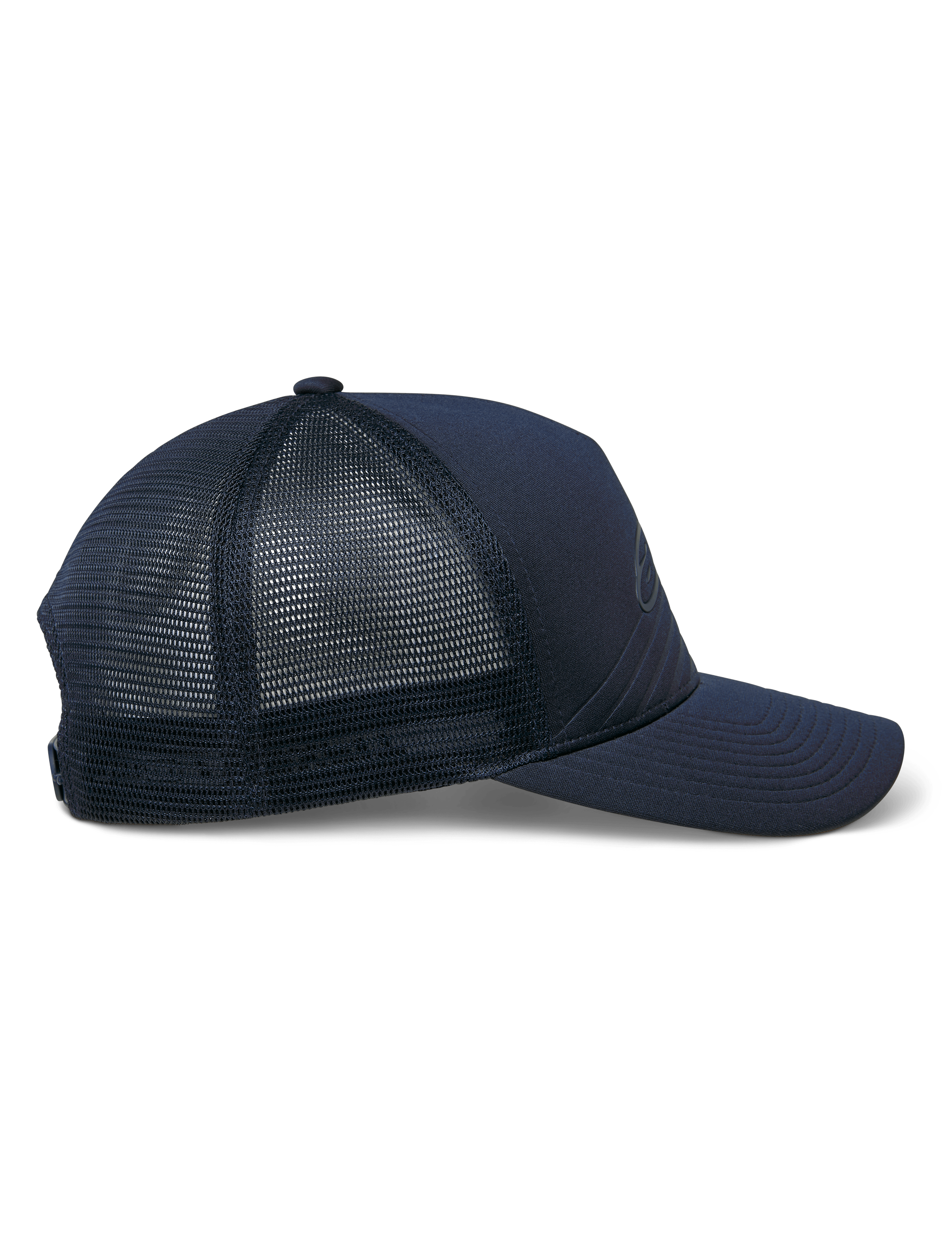 Casquette Alpinestars Delane, casquette sportswear, bleu marine, vue de profil montrant l'arrière en maille diamant et le devant en jersey uni, visière courbée, couronne structurée
