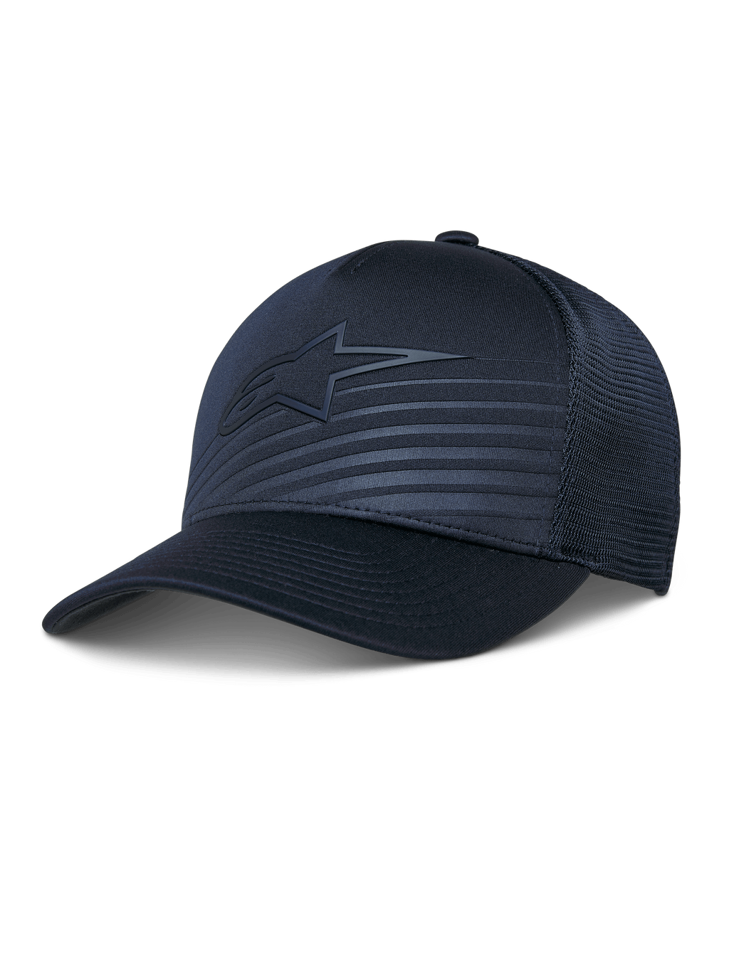 Alpinestars Delane Hat, casquette de baseball performance, bleu marine, logo étoile ton sur ton et lignes réfléchissantes, couronne structurée avec dos en maille diamant, visière courbée, vêtement de sport respirant