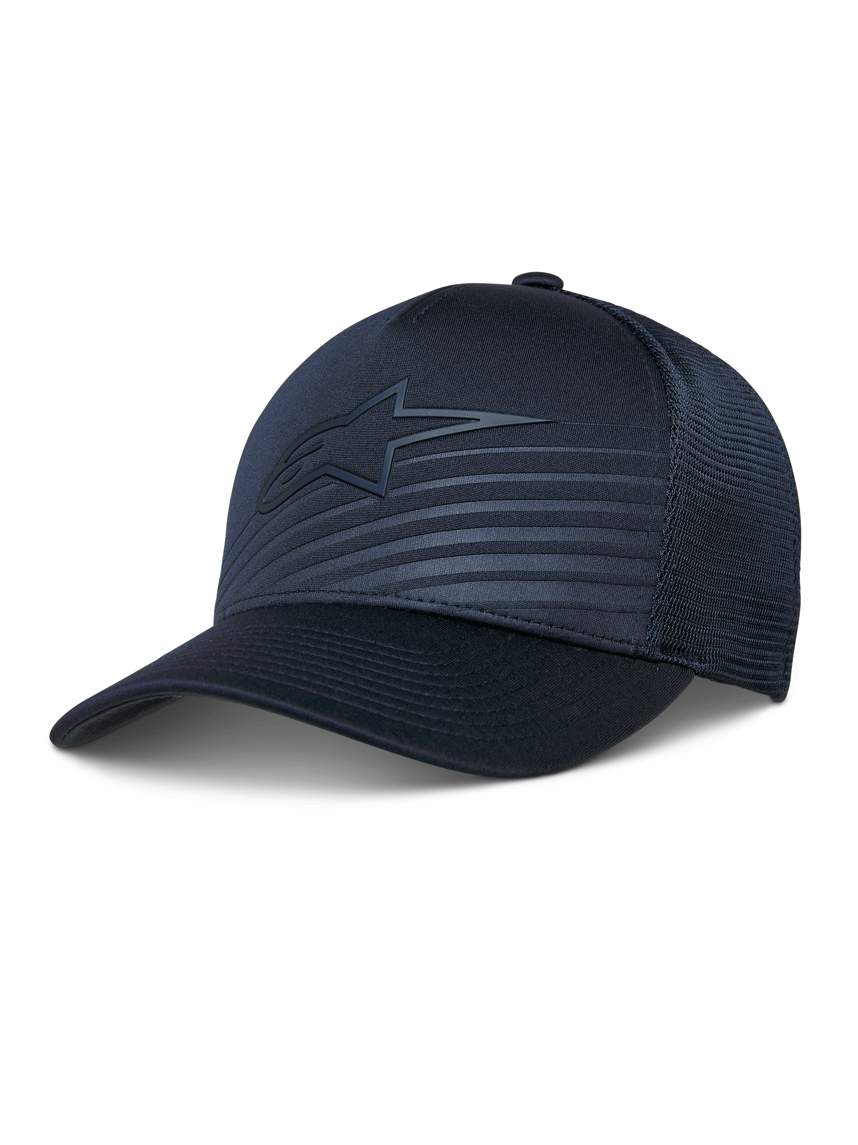 Alpinestars Delane Hat, casquette de baseball performance, bleu marine, logo étoile ton sur ton et lignes réfléchissantes, couronne structurée avec dos en maille diamant, visière courbée, vêtement de sport respirant