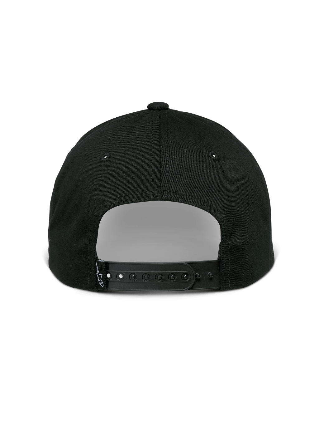 Casquette Sessionized Alpinestars, casquette Snapback, noire, vue arrière avec fermeture à pression réglable et petite étiquette logo, sergé de coton, couvre-chef décontracté inspiré des sports mécaniques