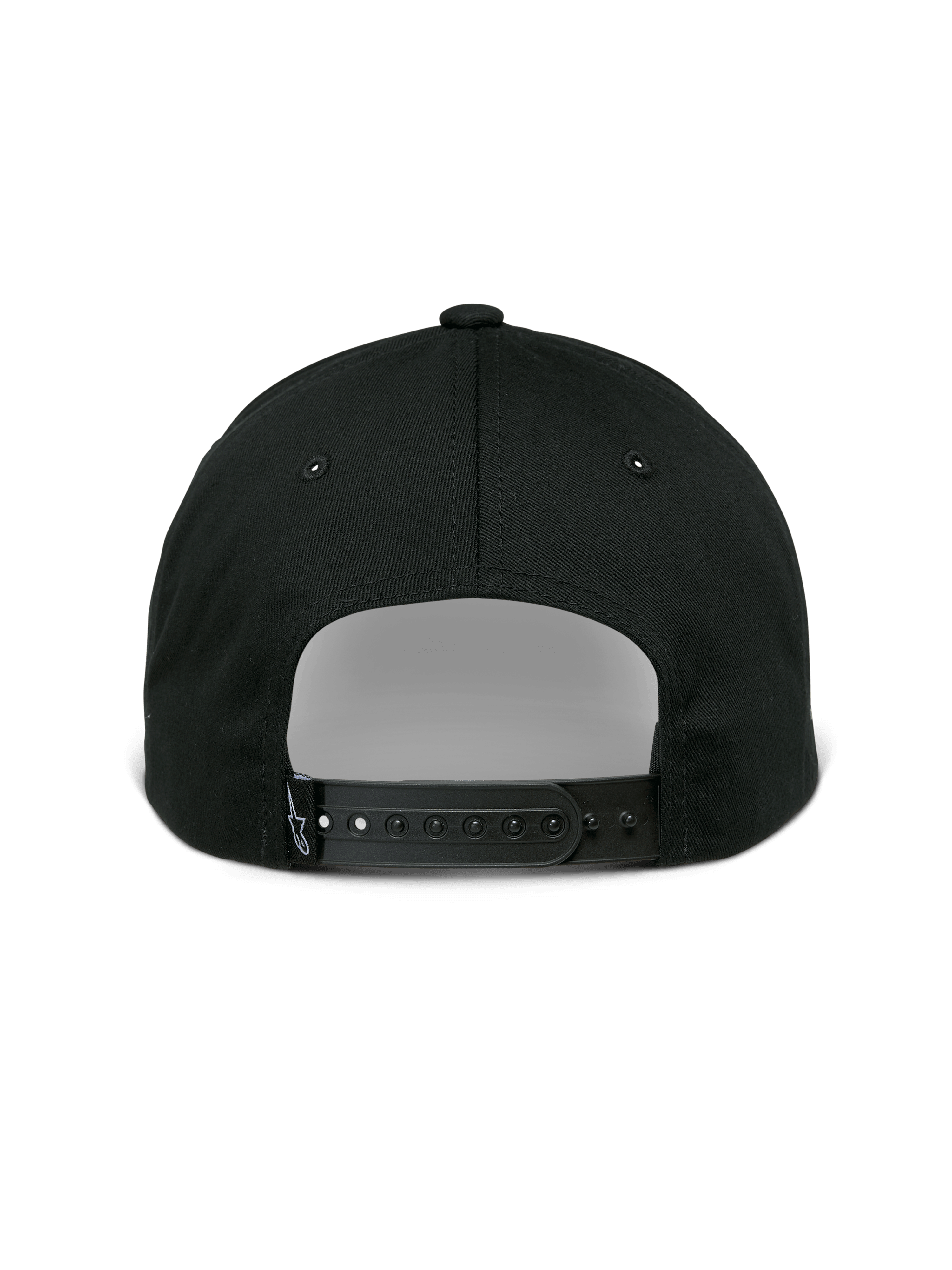Casquette Sessionized Alpinestars, casquette Snapback, noire, vue arrière avec fermeture à pression réglable et petite étiquette logo, sergé de coton, couvre-chef décontracté inspiré des sports mécaniques