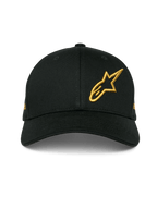 Casquette Alpinestars Sessionized, casquette snapback noire à visière courbée, logo Astars doré brodé en 3D sur le devant à gauche, design en sergé de coton structuré, accessoire décontracté style motorsport