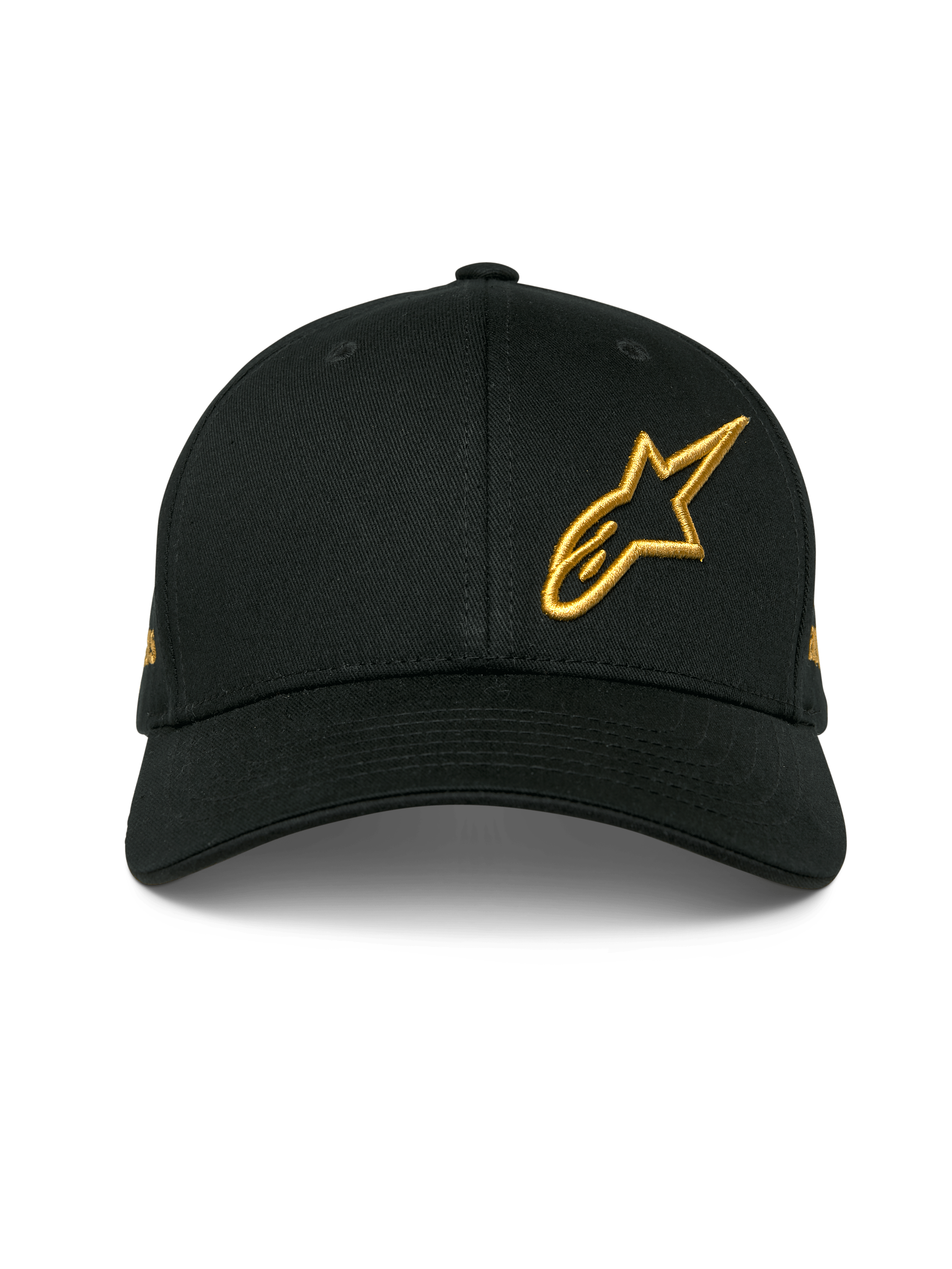 Casquette Alpinestars Sessionized, casquette snapback noire à visière courbée, logo Astars doré brodé en 3D sur le devant à gauche, design en sergé de coton structuré, accessoire décontracté style motorsport