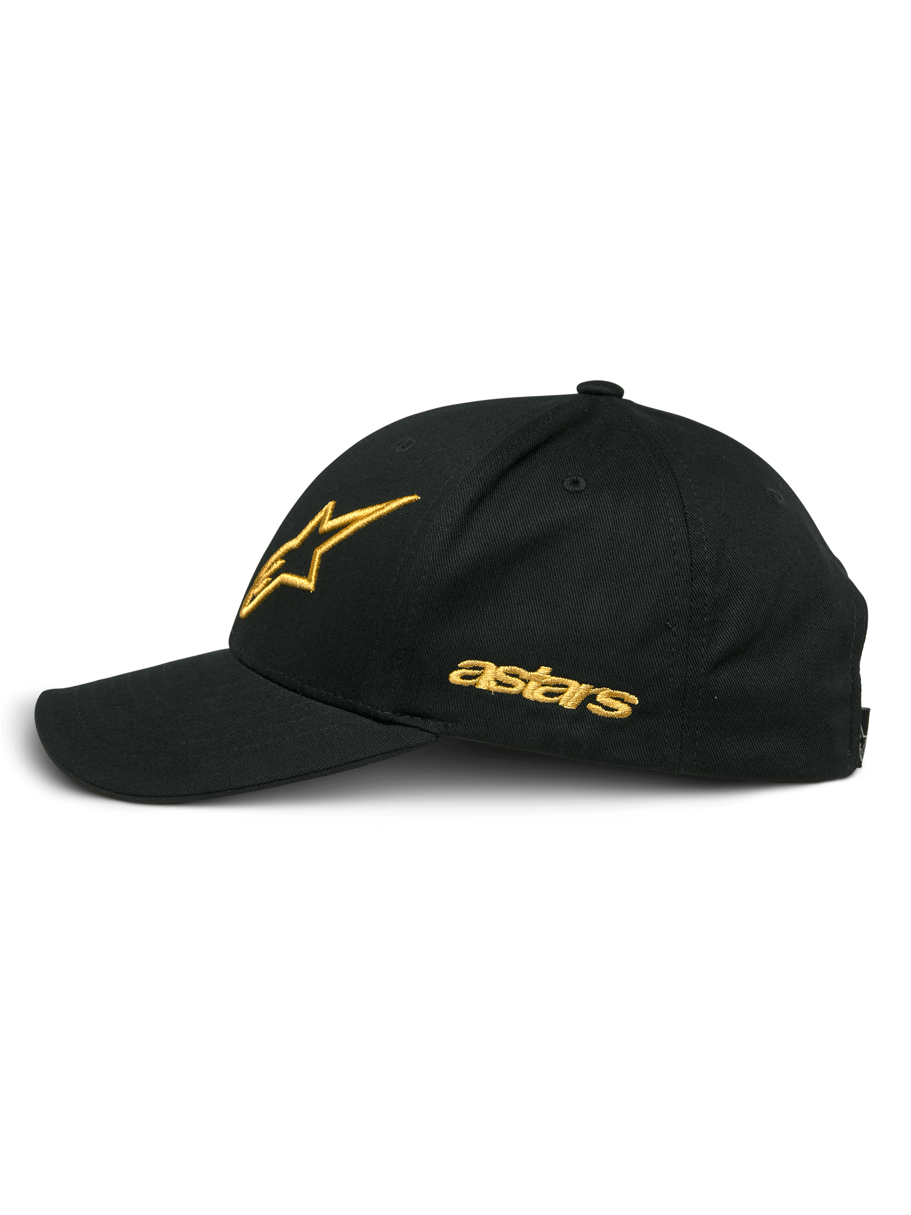 Casquette Alpinestars Sessionized, noir et or, profil latéral avec logo étoile et texte astars brodés en or, visière courbée, couronne structurée, style décontracté inspiré du sport automobile